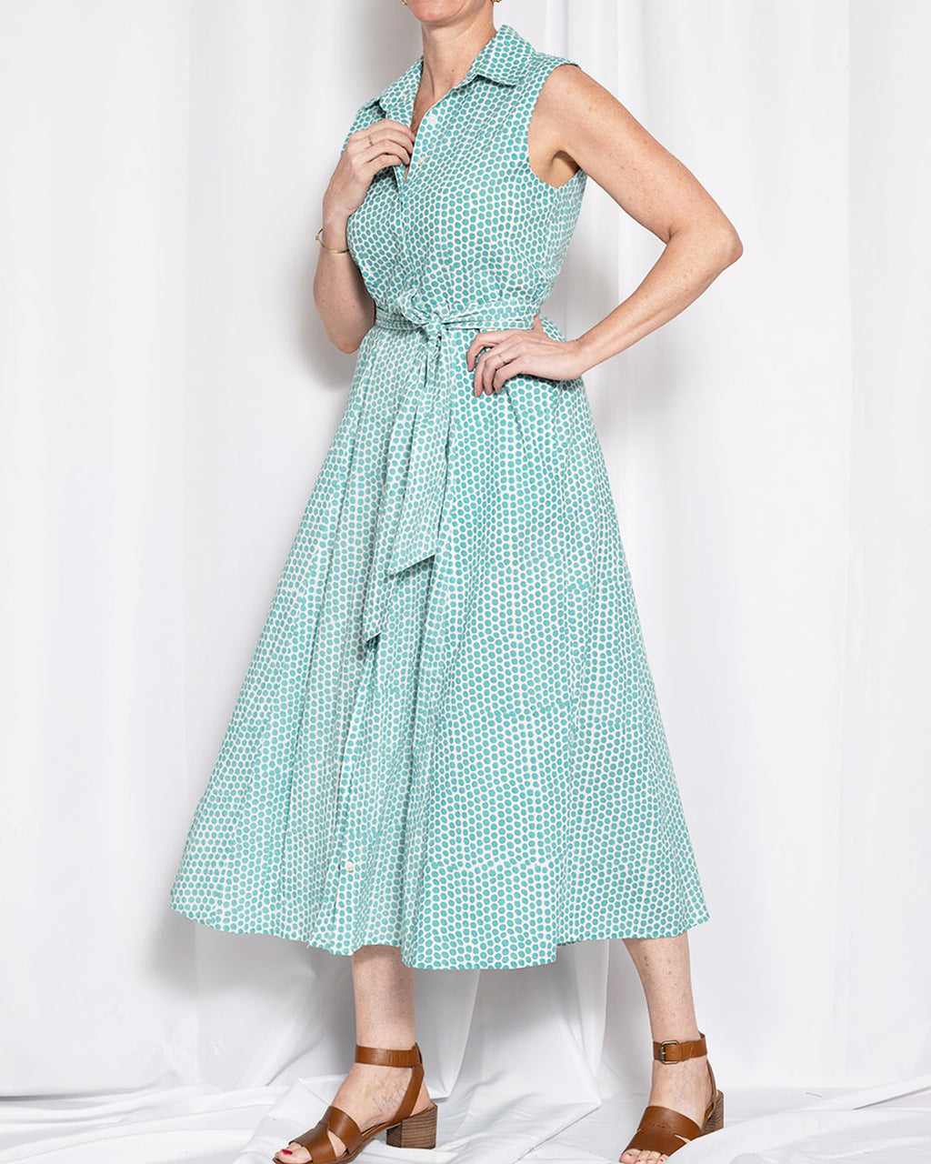 Isabella Sleeveless Shirt Dress - Teal Dot