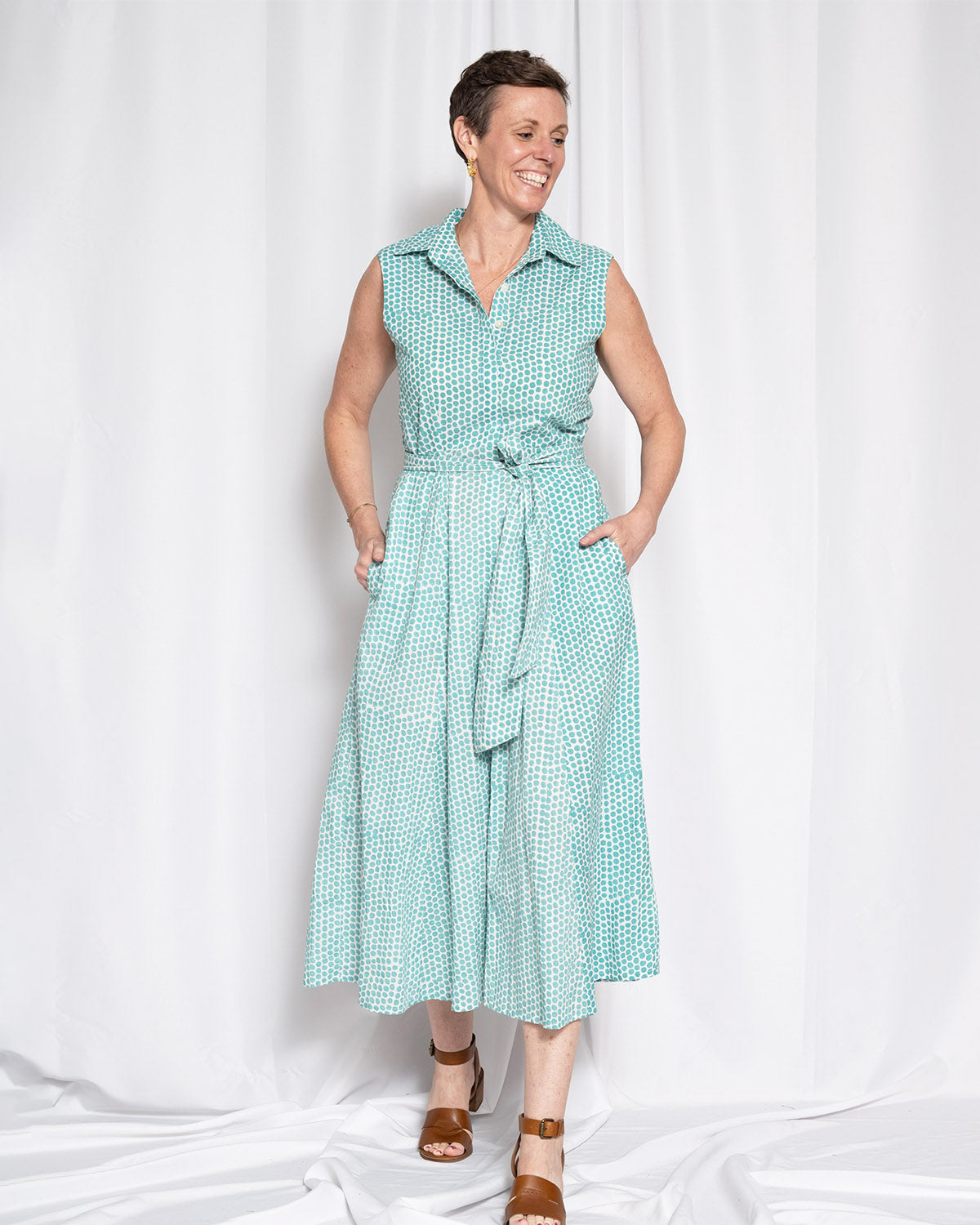 Isabella Sleeveless Shirt Dress - Teal Dot