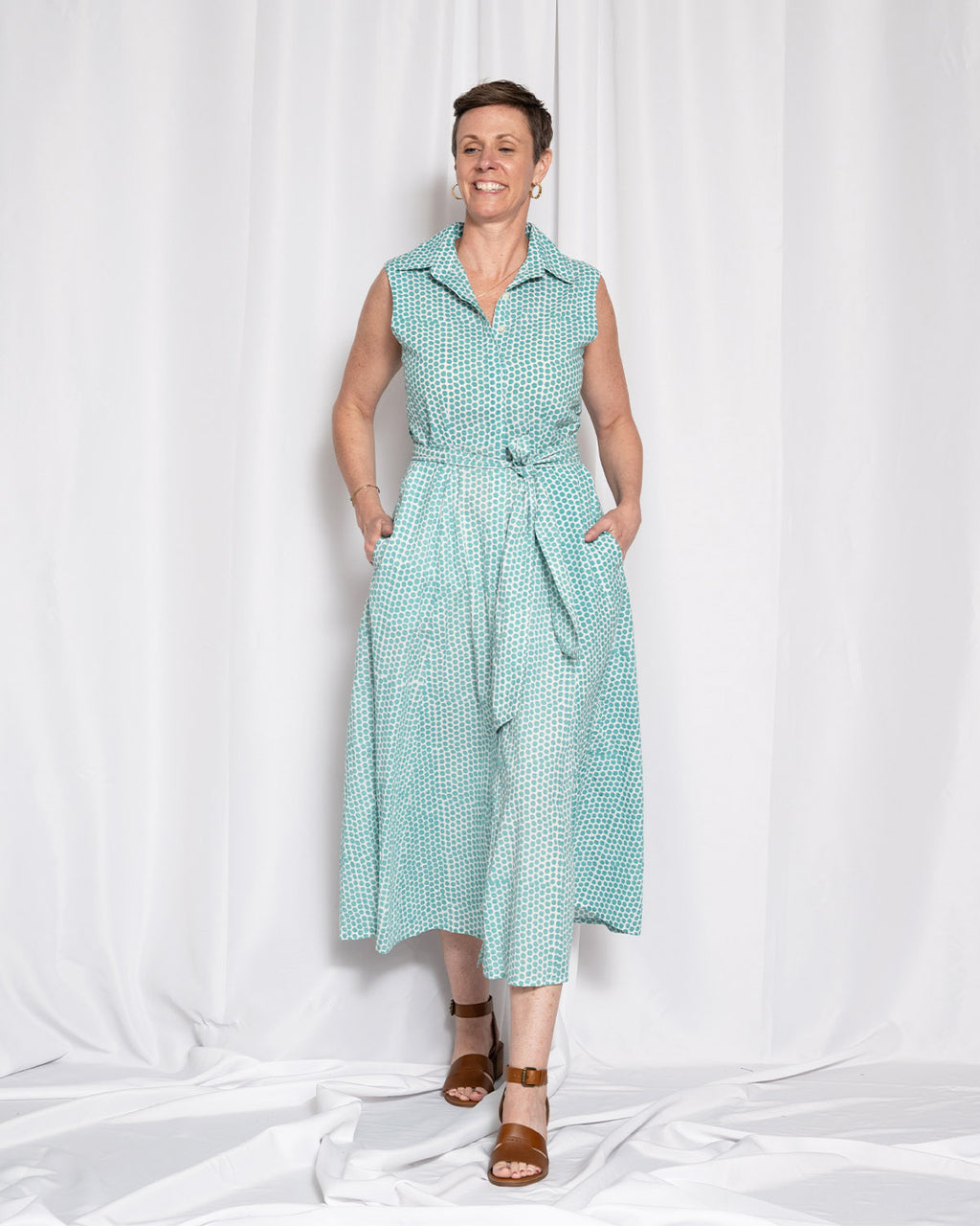 Isabella Sleeveless Shirt Dress - Teal Dot