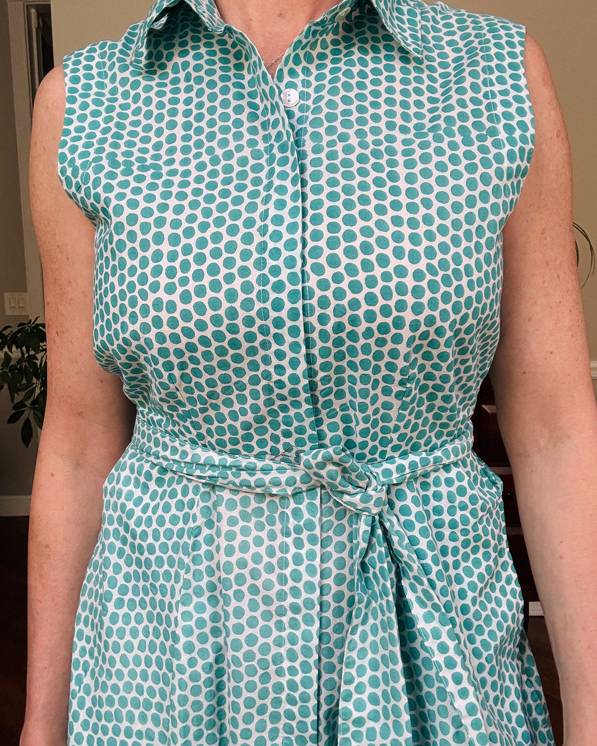 Isabella Sleeveless Shirt Dress - Teal Dot