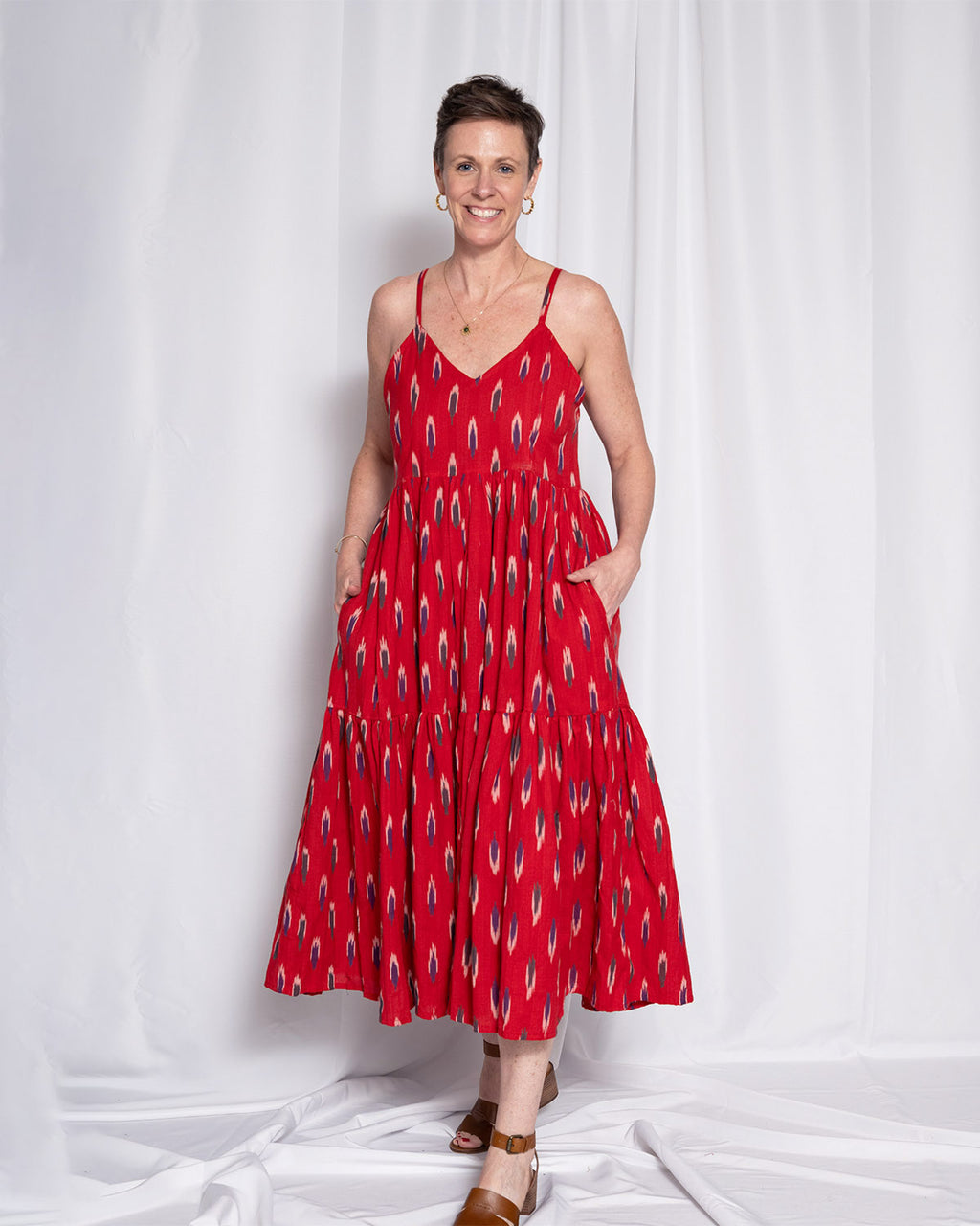 Sienna Tiered Sundress Dress - Crimson Ikat