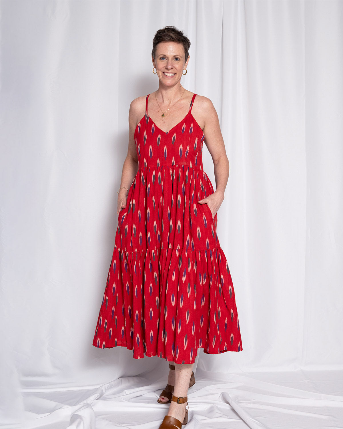 Sienna Tiered Sundress Dress - Crimson Ikat