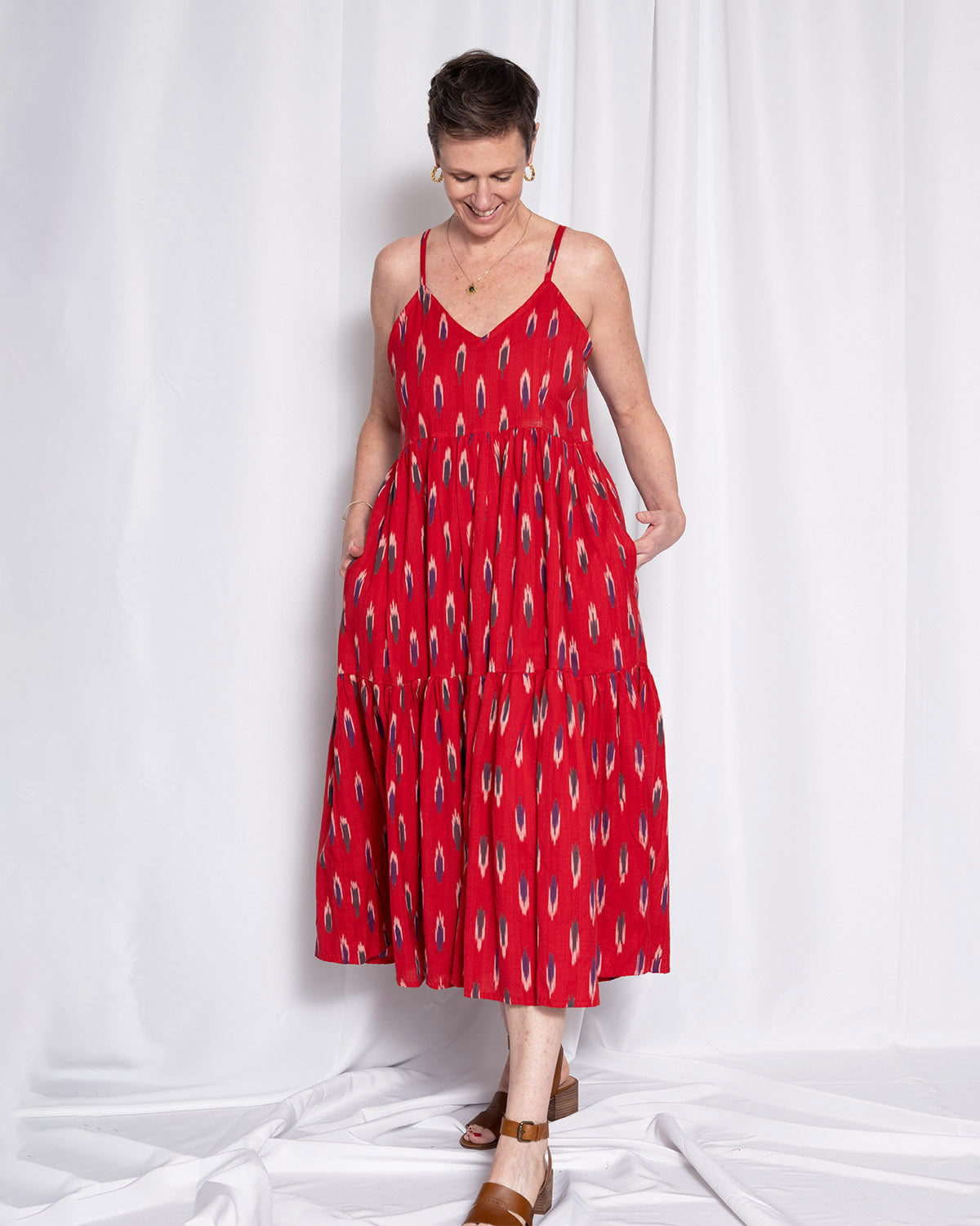 Sienna Tiered Sundress Dress - Crimson Ikat
