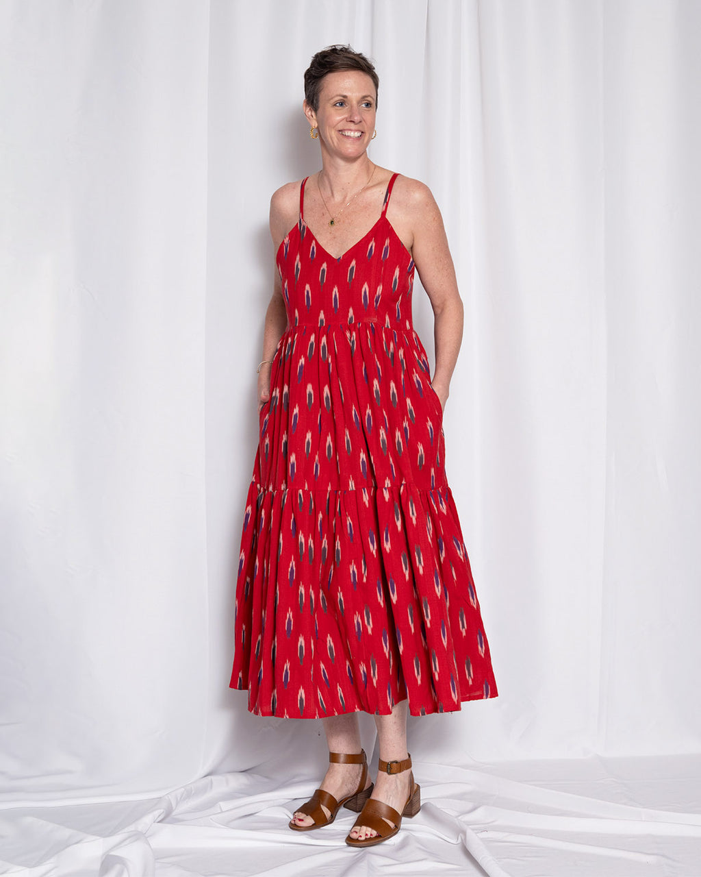 Sienna Tiered Sundress Dress - Crimson Ikat