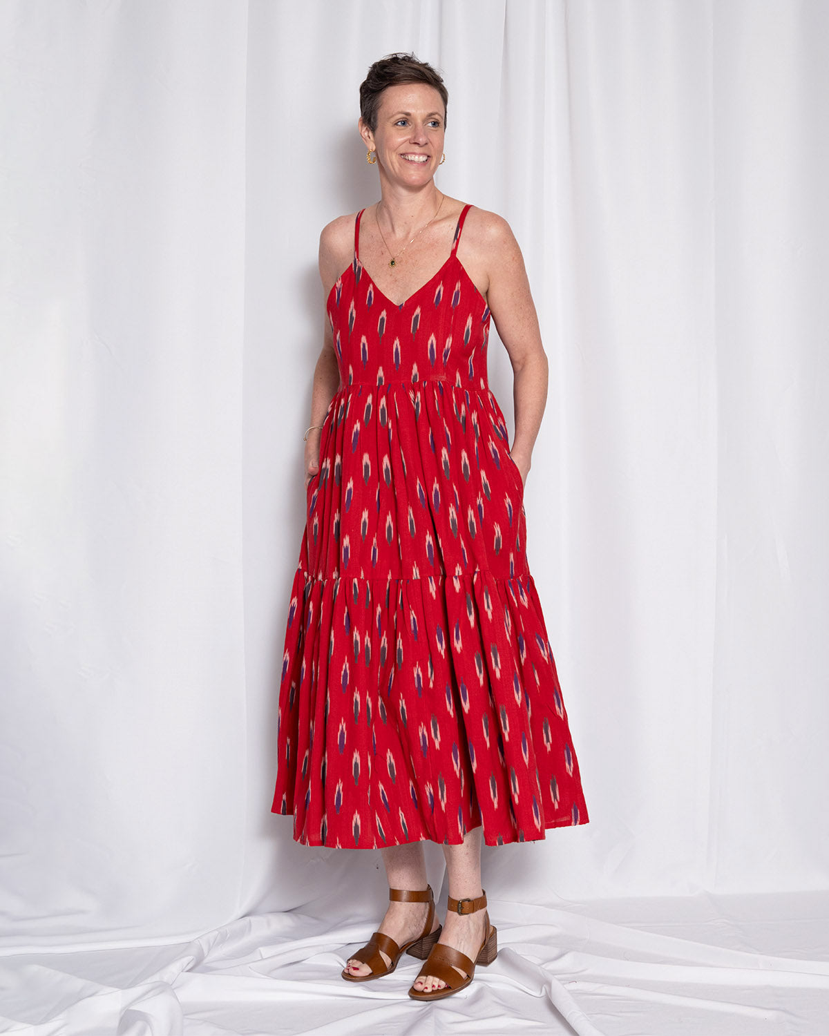 Sienna Tiered Sundress Dress - Crimson Ikat