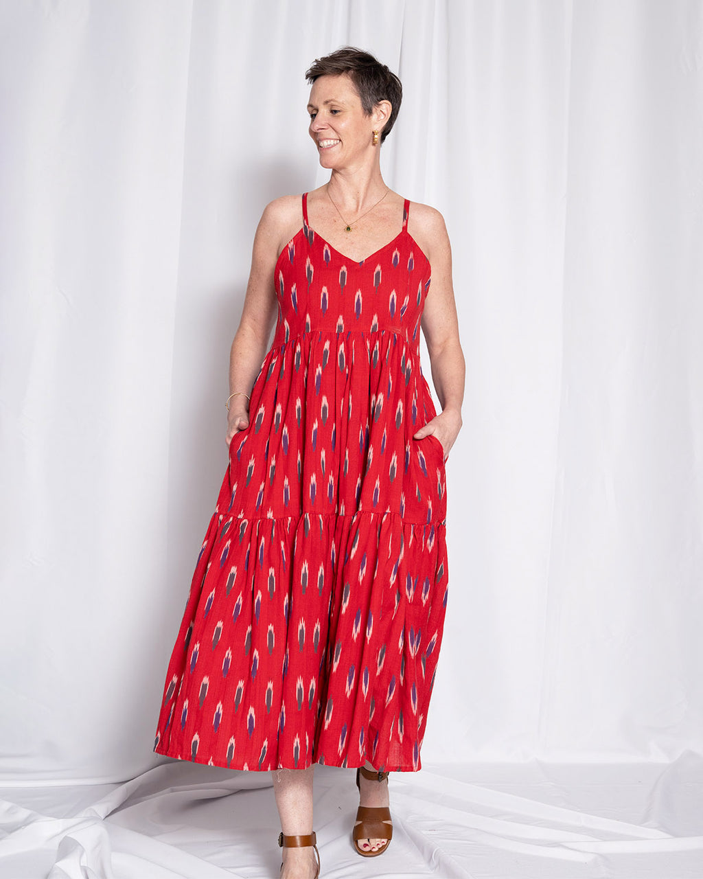 Sienna Tiered Sundress Dress - Crimson Ikat