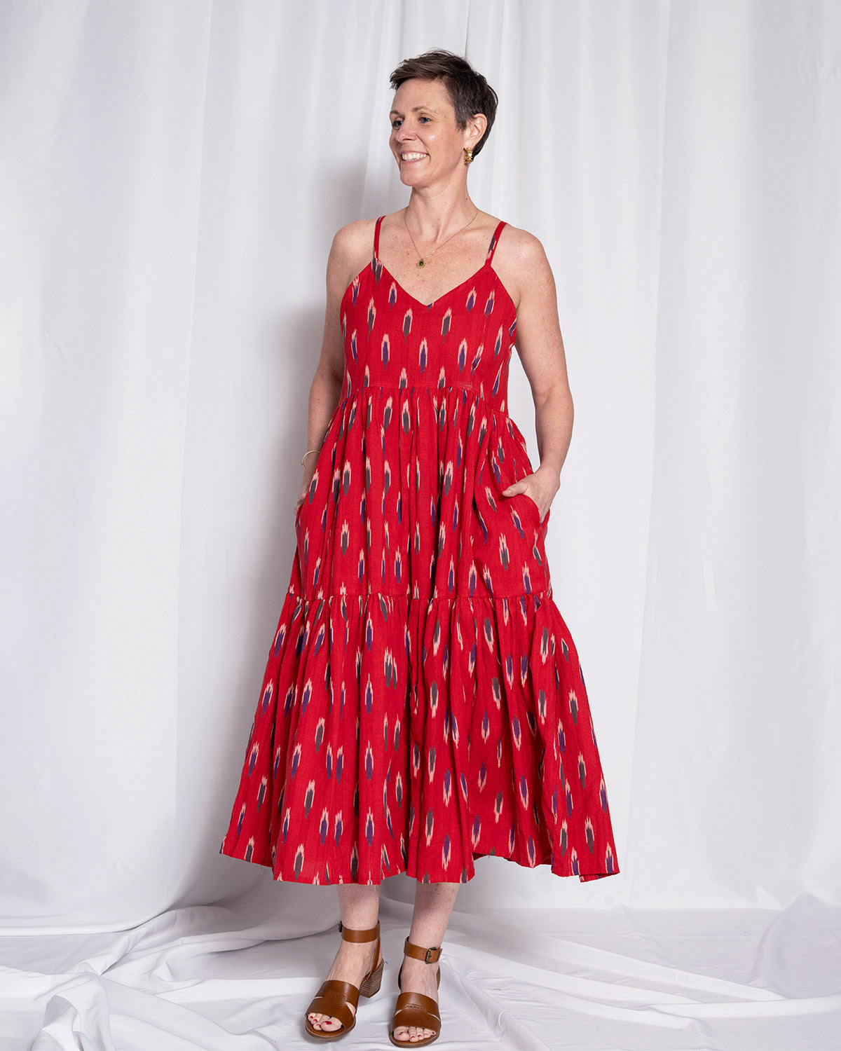 Sienna Tiered Sundress Dress - Crimson Ikat