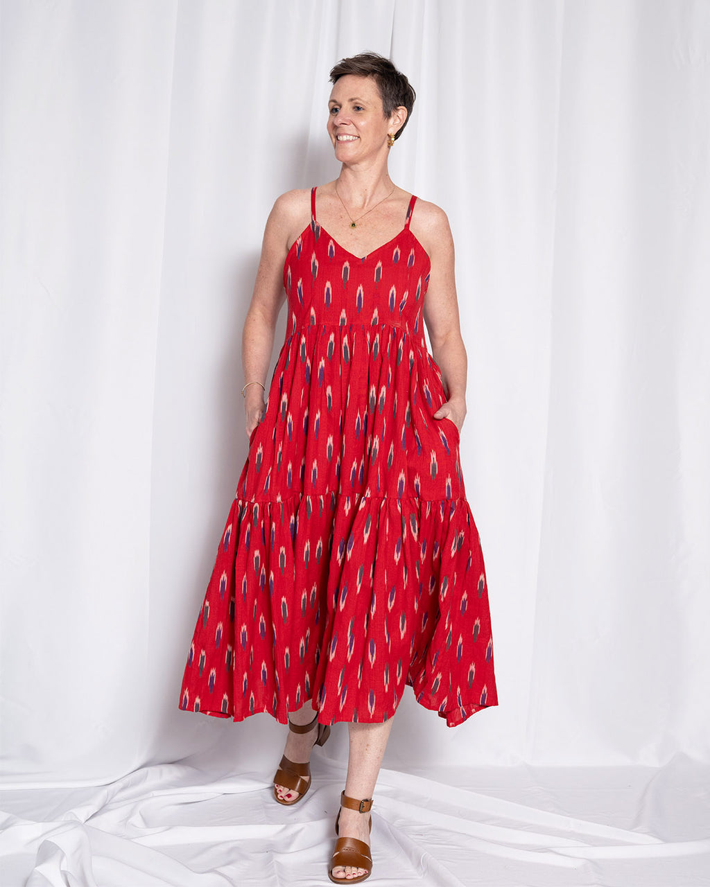 Sienna Tiered Sundress Dress - Crimson Ikat