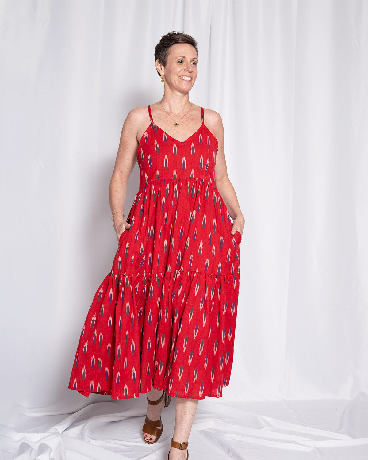 Sienna Tiered Sundress Dress - Crimson Ikat