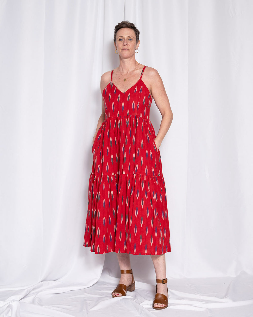 Sienna Tiered Sundress Dress - Crimson Ikat