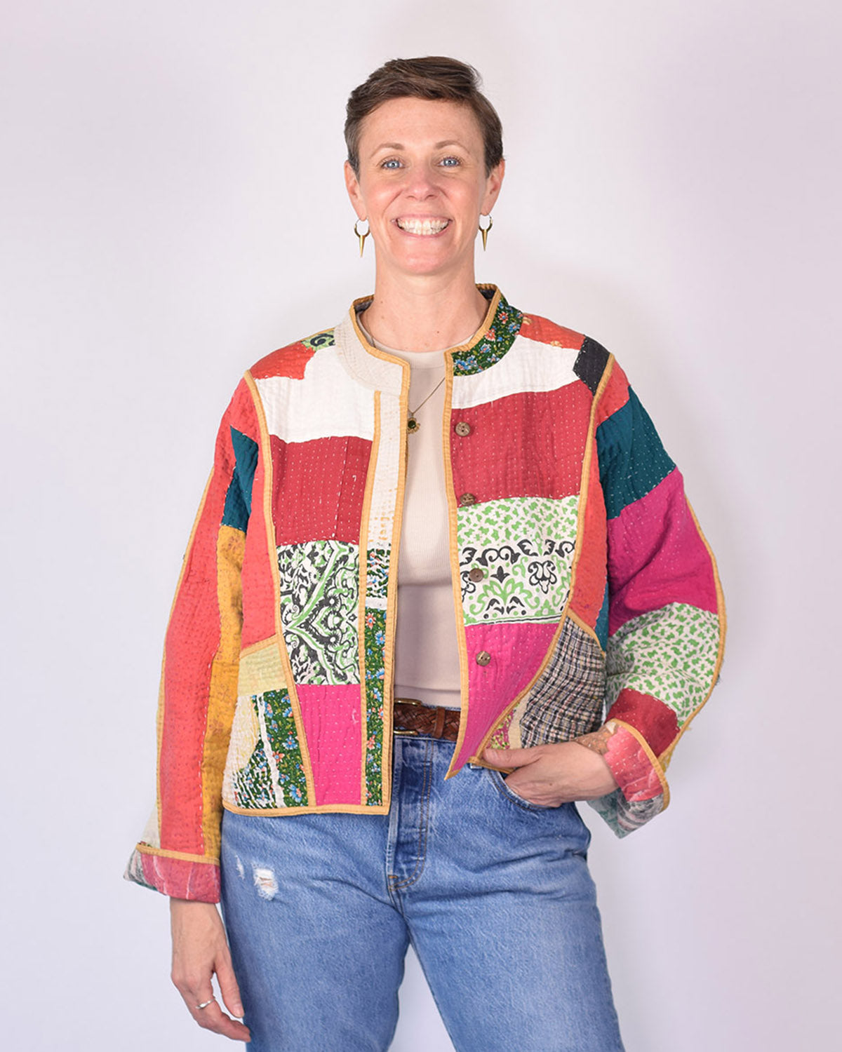 Sofie Cropped Quilted Reversible Patchwork Kantha Jacket - 08