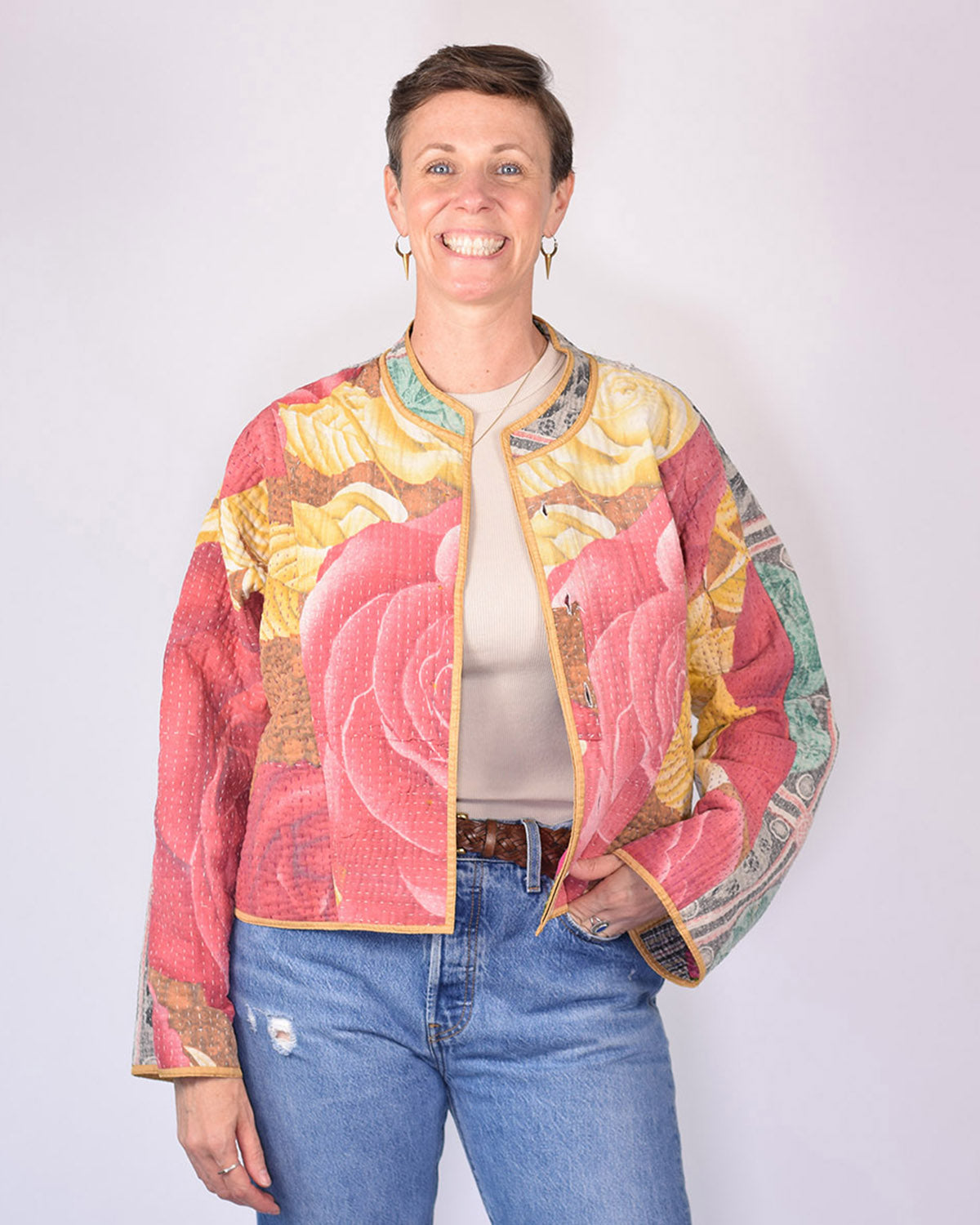 Sofie Cropped Quilted Reversible Patchwork Kantha Jacket - 08