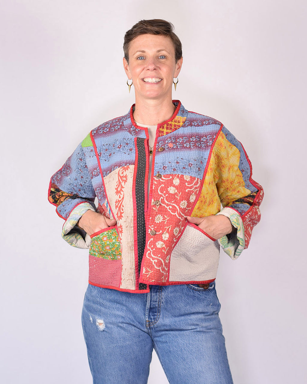 Sofie Cropped Quilted Reversible Patchwork Kantha Jacket - 03