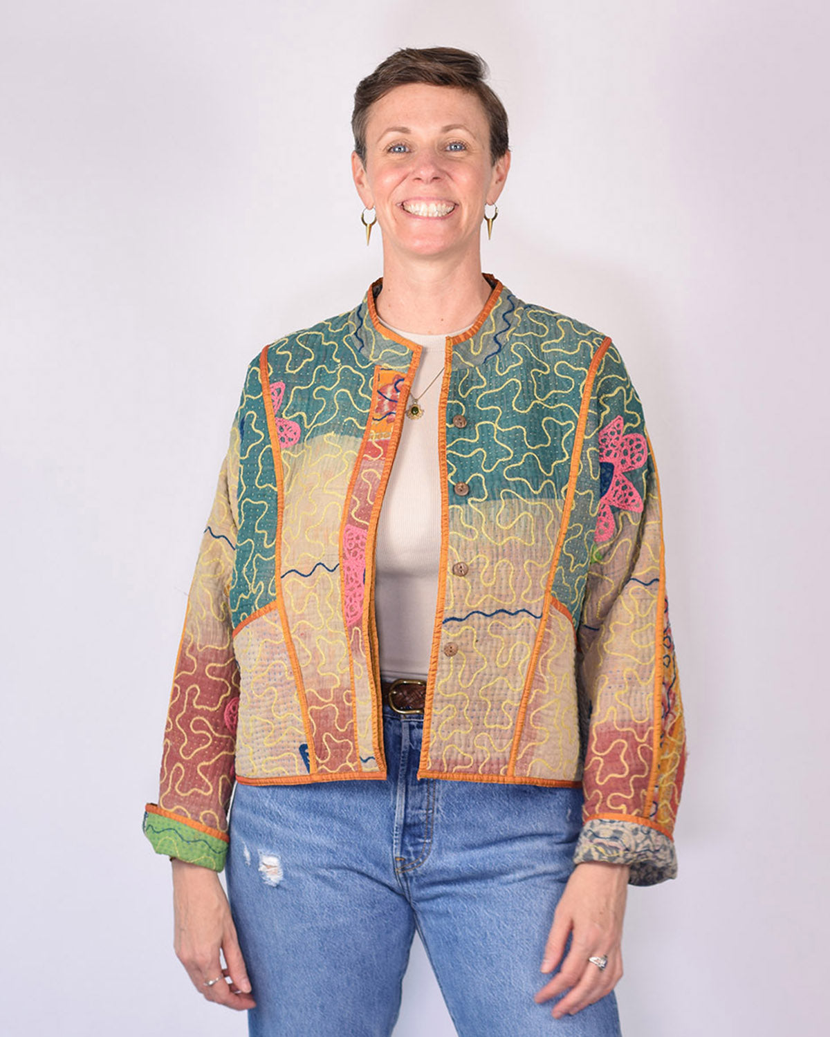 Sofie Cropped Quilted Reversible Patchwork Kantha Jacket -16