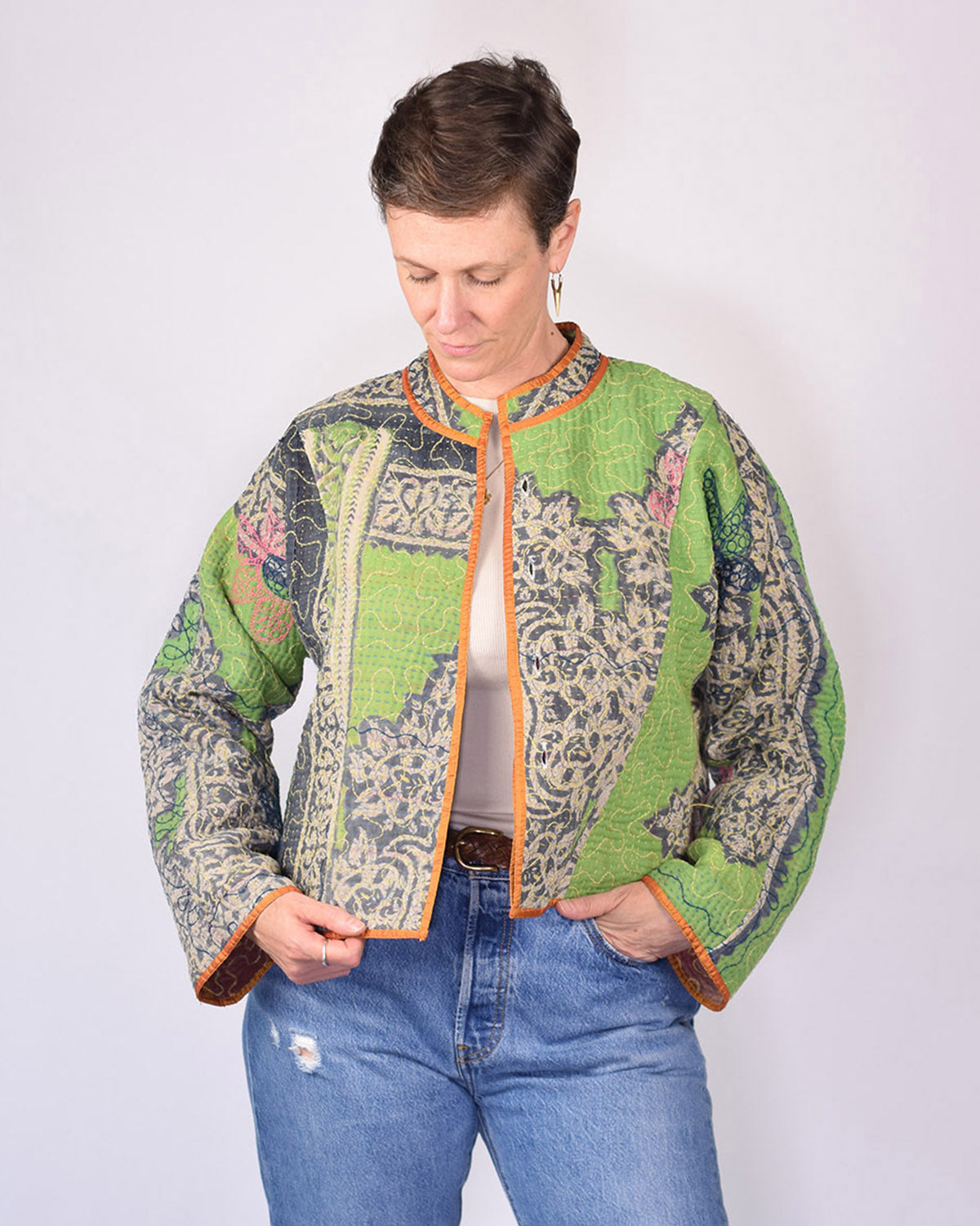 Sofie Cropped Quilted Reversible Patchwork Kantha Jacket -16