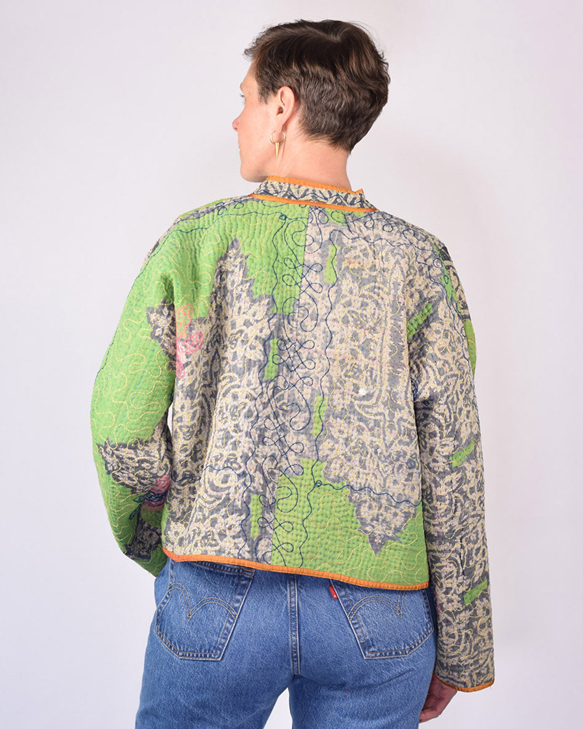 Sofie Cropped Quilted Reversible Patchwork Kantha Jacket -16