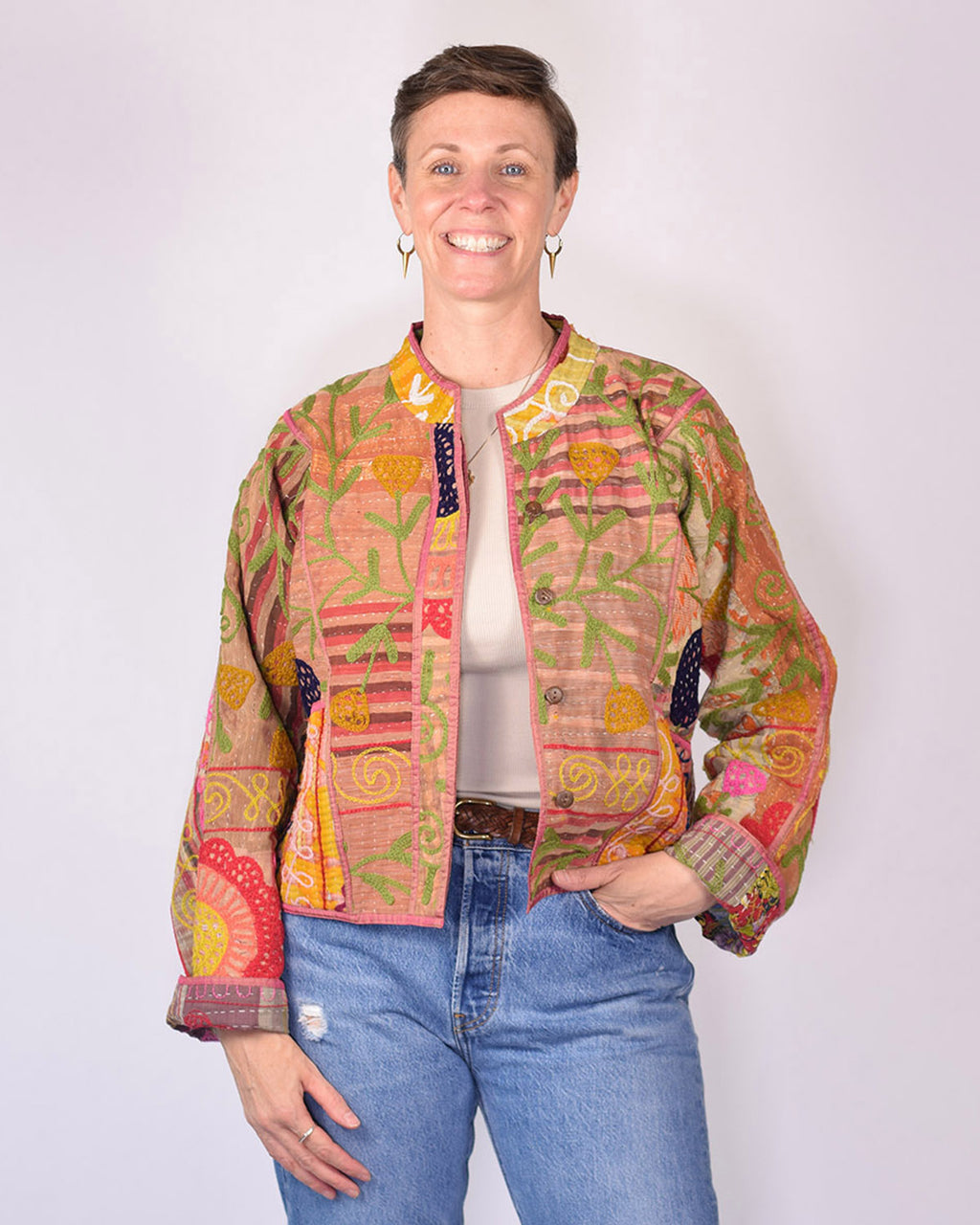 Sofie Cropped Quilted Reversible Patchwork Kantha Jacket -14