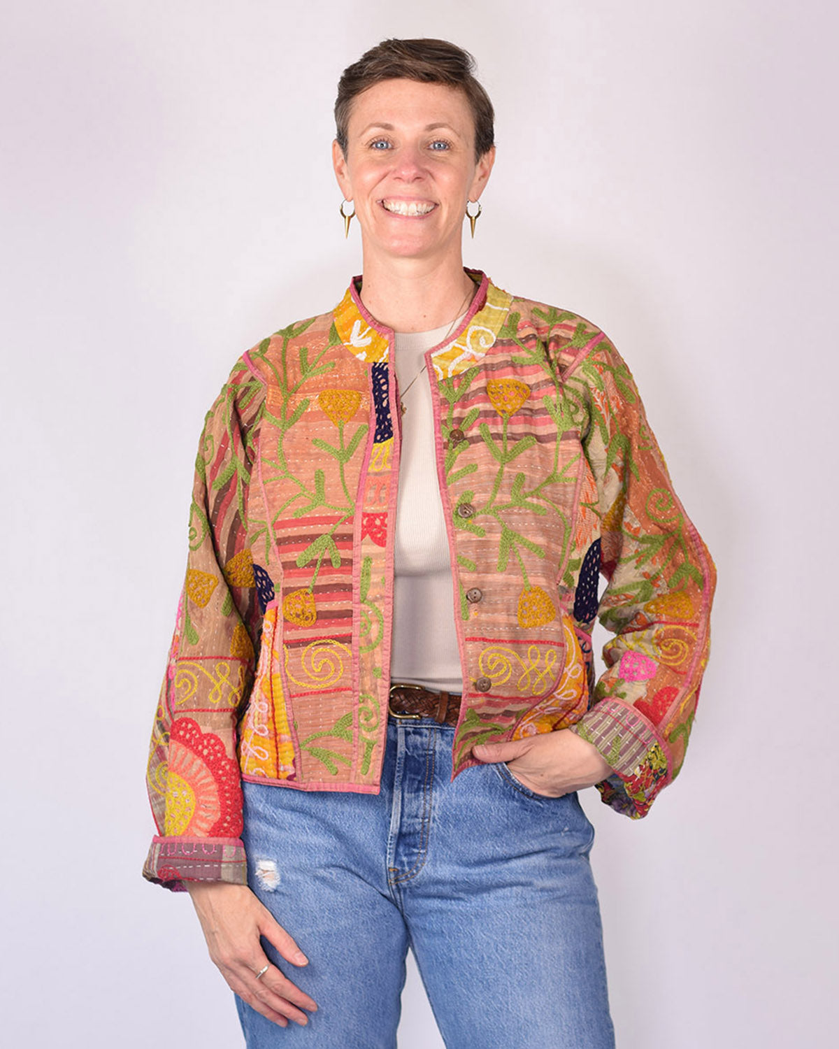 Sofie Cropped Quilted Reversible Patchwork Kantha Jacket -14