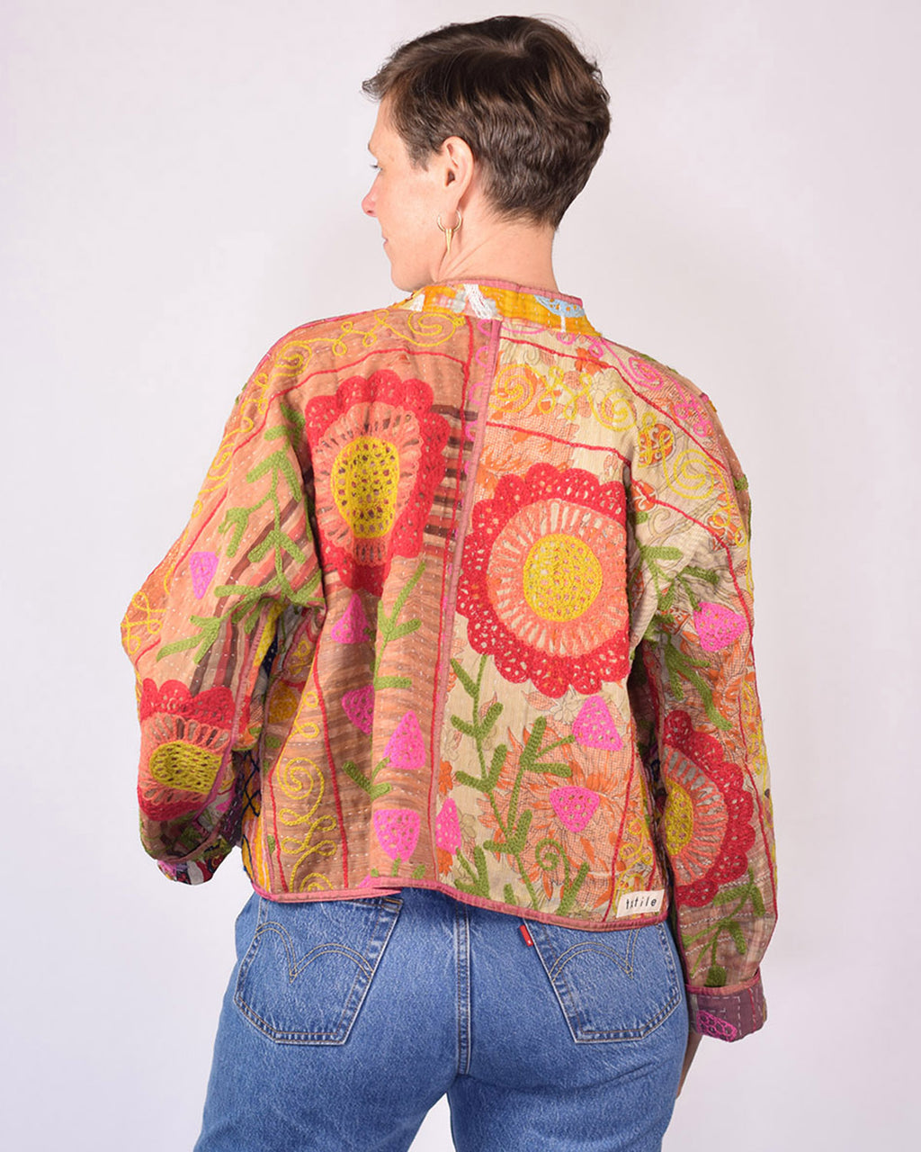 Sofie Cropped Quilted Reversible Patchwork Kantha Jacket -14