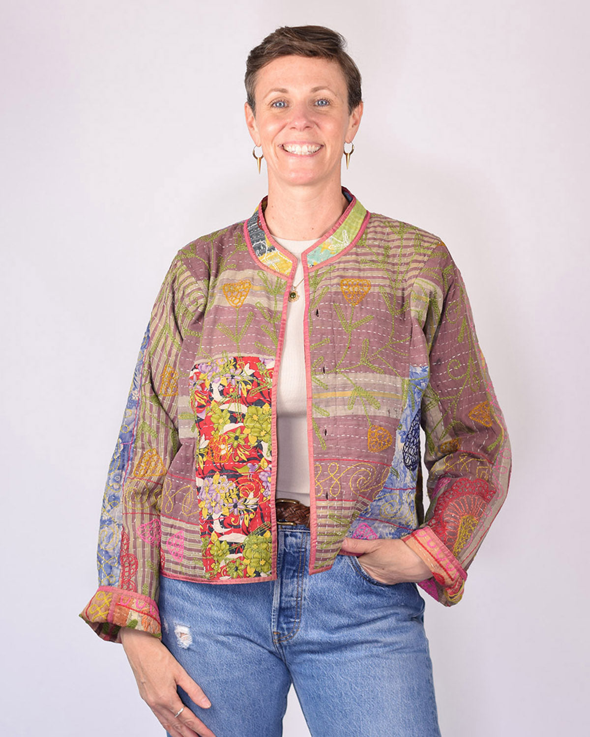 Sofie Cropped Quilted Reversible Patchwork Kantha Jacket -14