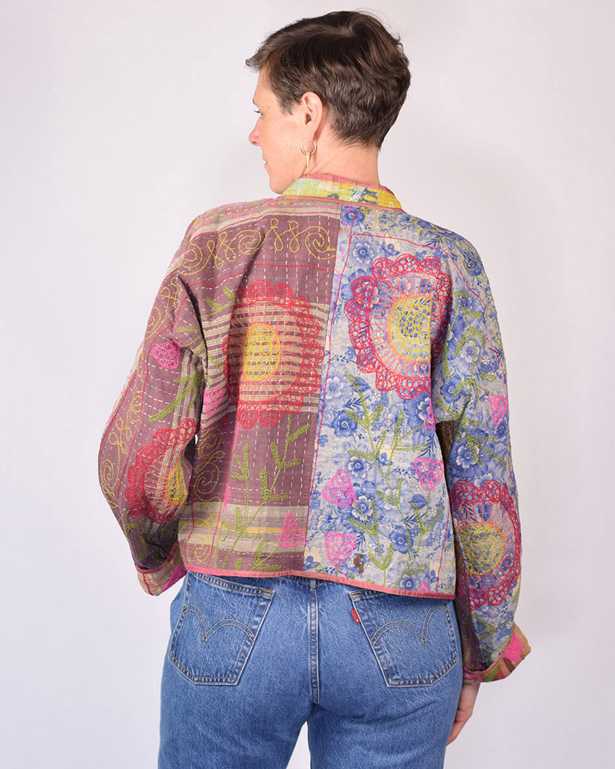 Sofie Cropped Quilted Reversible Patchwork Kantha Jacket -14