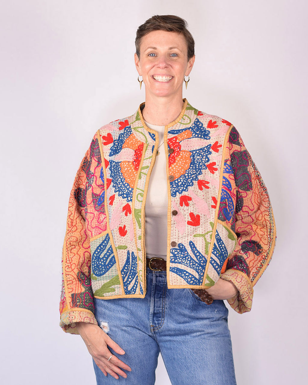 Sofie Cropped Quilted Reversible Patchwork Kantha Jacket -13