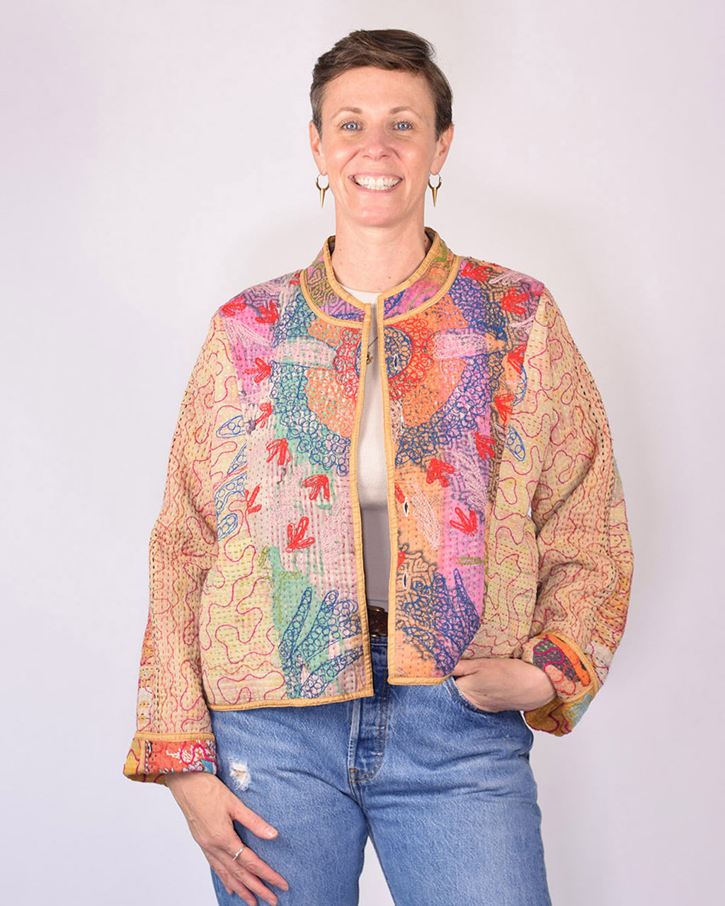 Sofie Cropped Quilted Reversible Patchwork Kantha Jacket -13