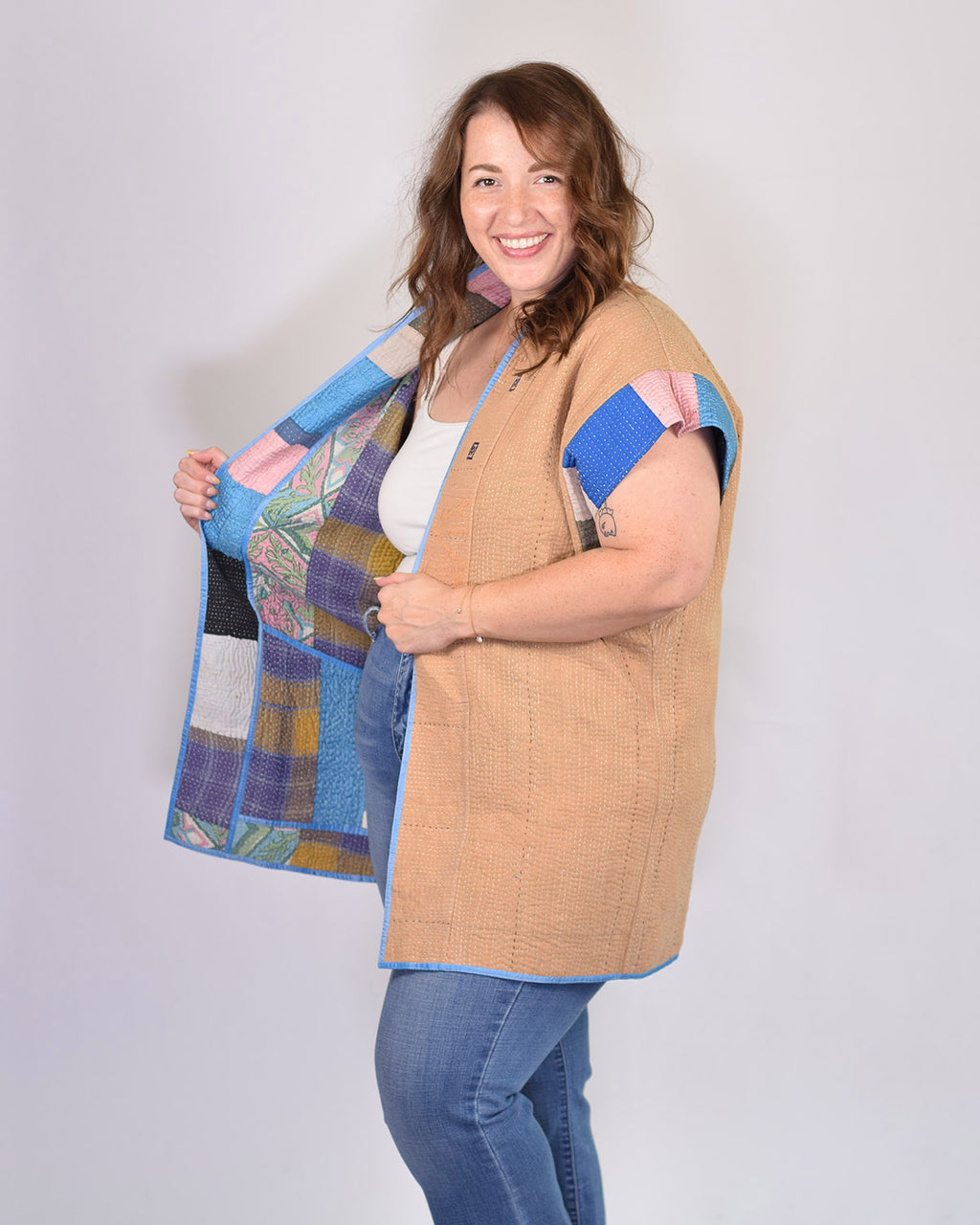 Maddie Cape - Reversible Jacket/Vest - Repurposed Kantha Quilts Extended/Oversized Fit - 08