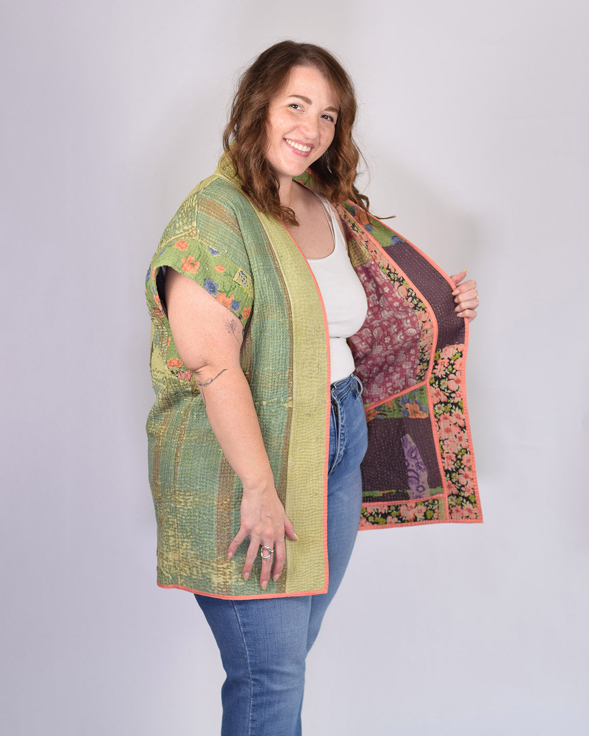 Maddie Cape - Reversible Jacket/Vest - Repurposed Kantha Quilts Extended/Oversized Fit - 07
