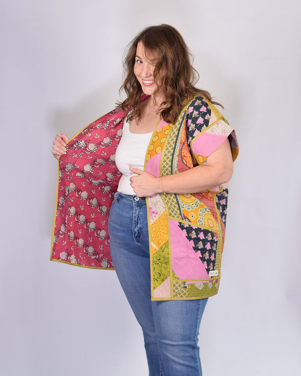 Maddie Cape - Reversible Jacket/Vest - Repurposed Kantha Quilts Extended/Oversized Fit - 02