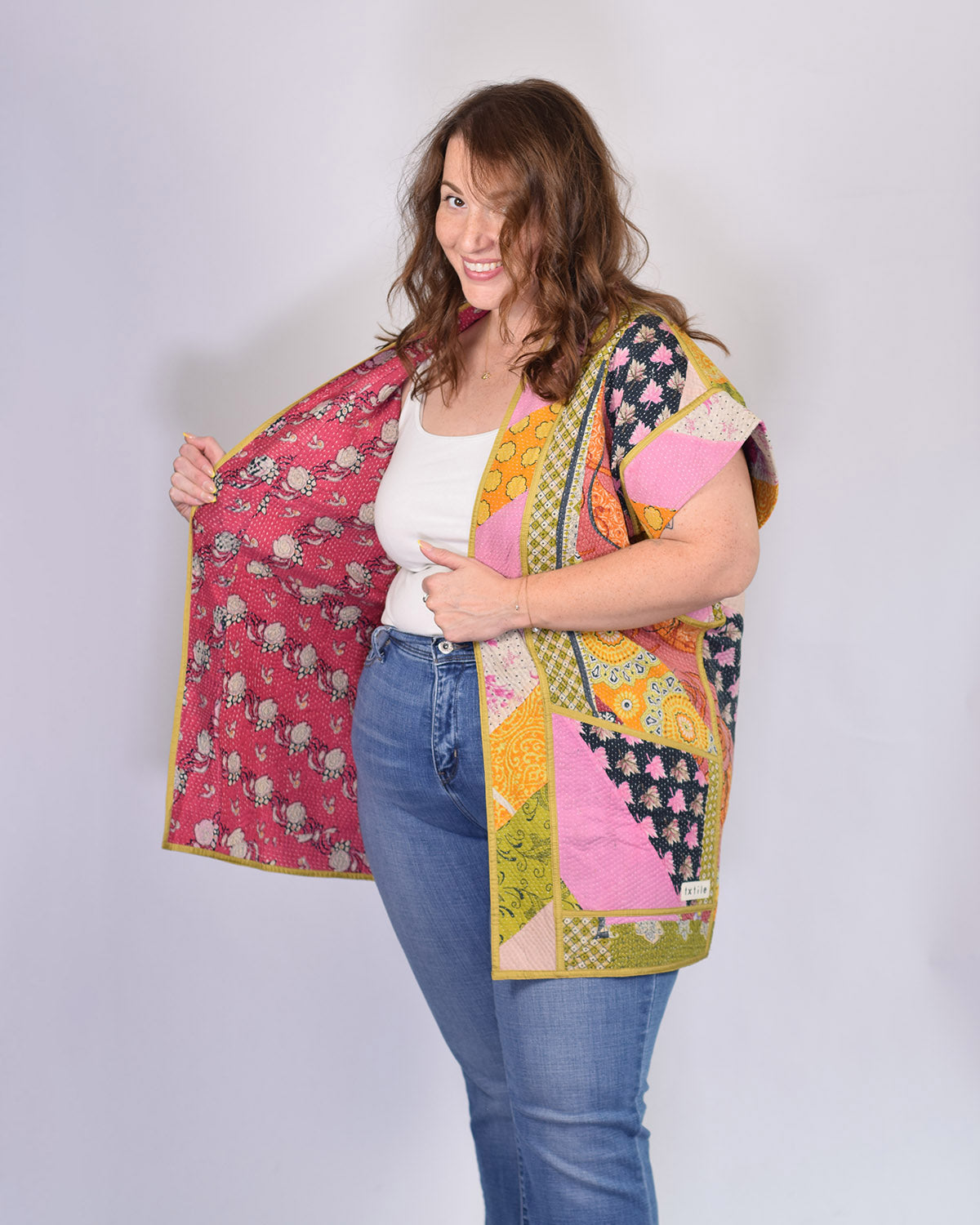 Maddie Cape - Reversible Jacket/Vest - Repurposed Kantha Quilts Extended/Oversized Fit - 02