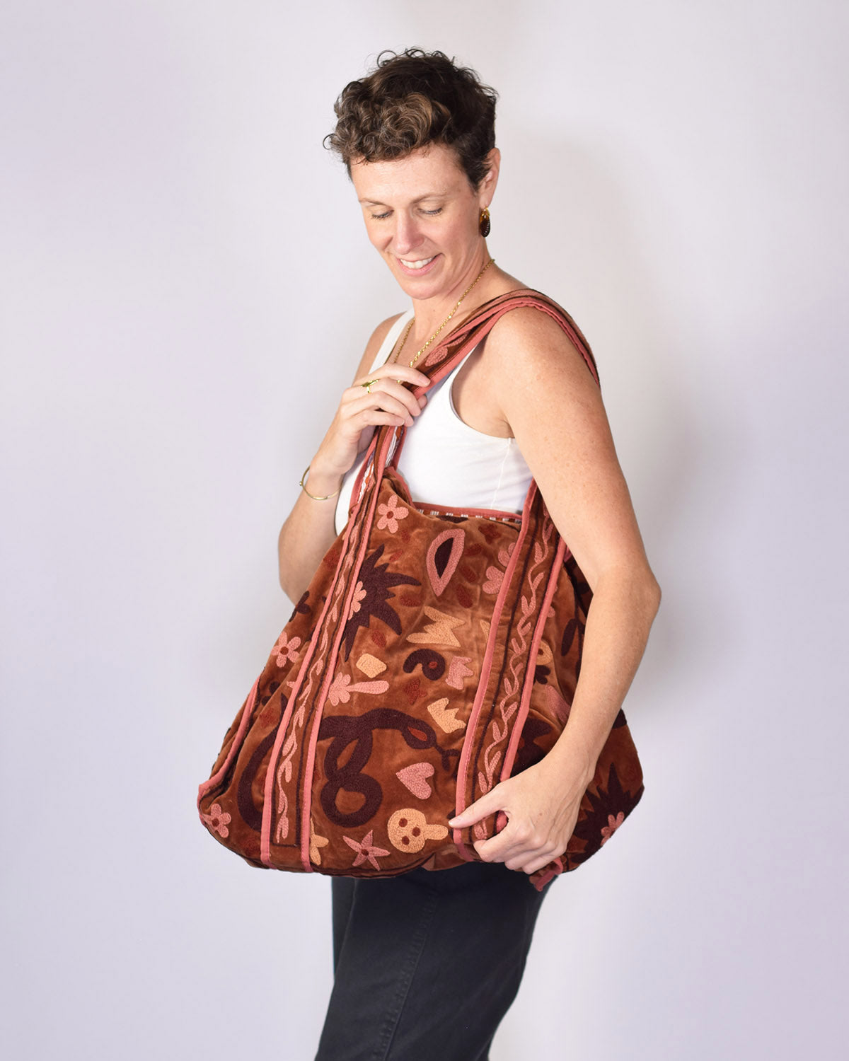 Velvet Suzani Embroidered Oversized Tote Bag - 08