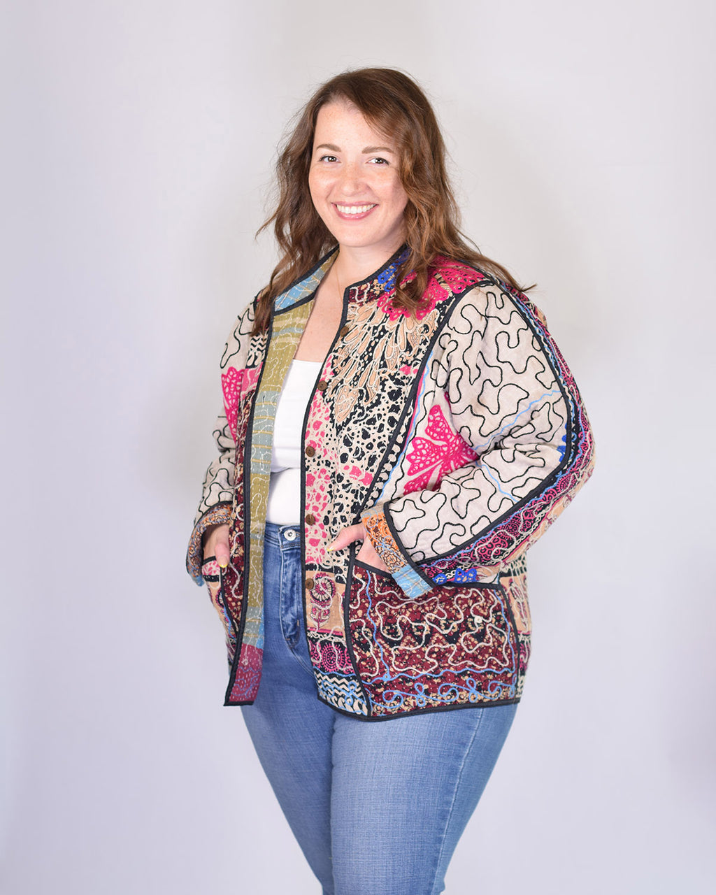 Charlie Extended / Oversized Fit - Quilted Reversible Patchwork Kantha Jacket - 14