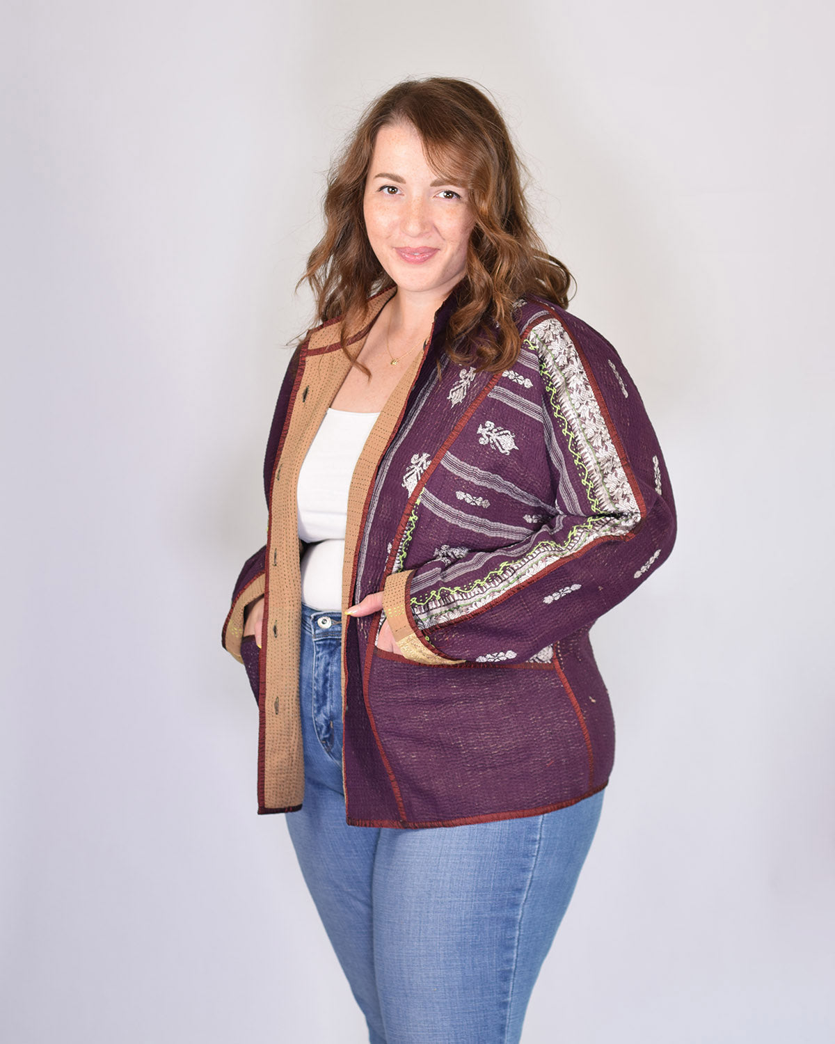 Charlie Extended / Oversized Fit - Quilted Reversible Patchwork Kantha Jacket - 13