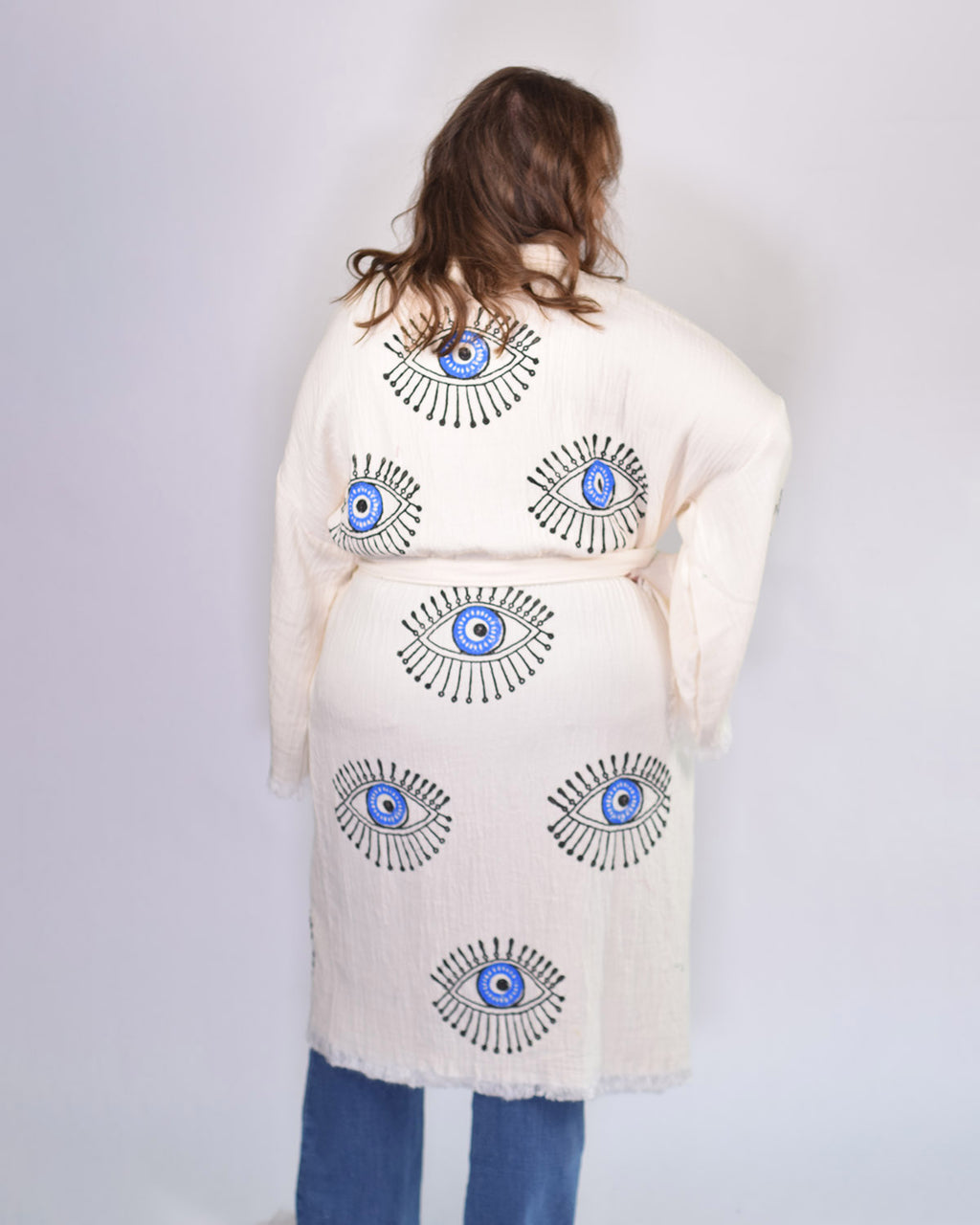 Luxury Turkish Cotton Evil Eye Kimono/Robe One Size + Extended Size - Blue Eye