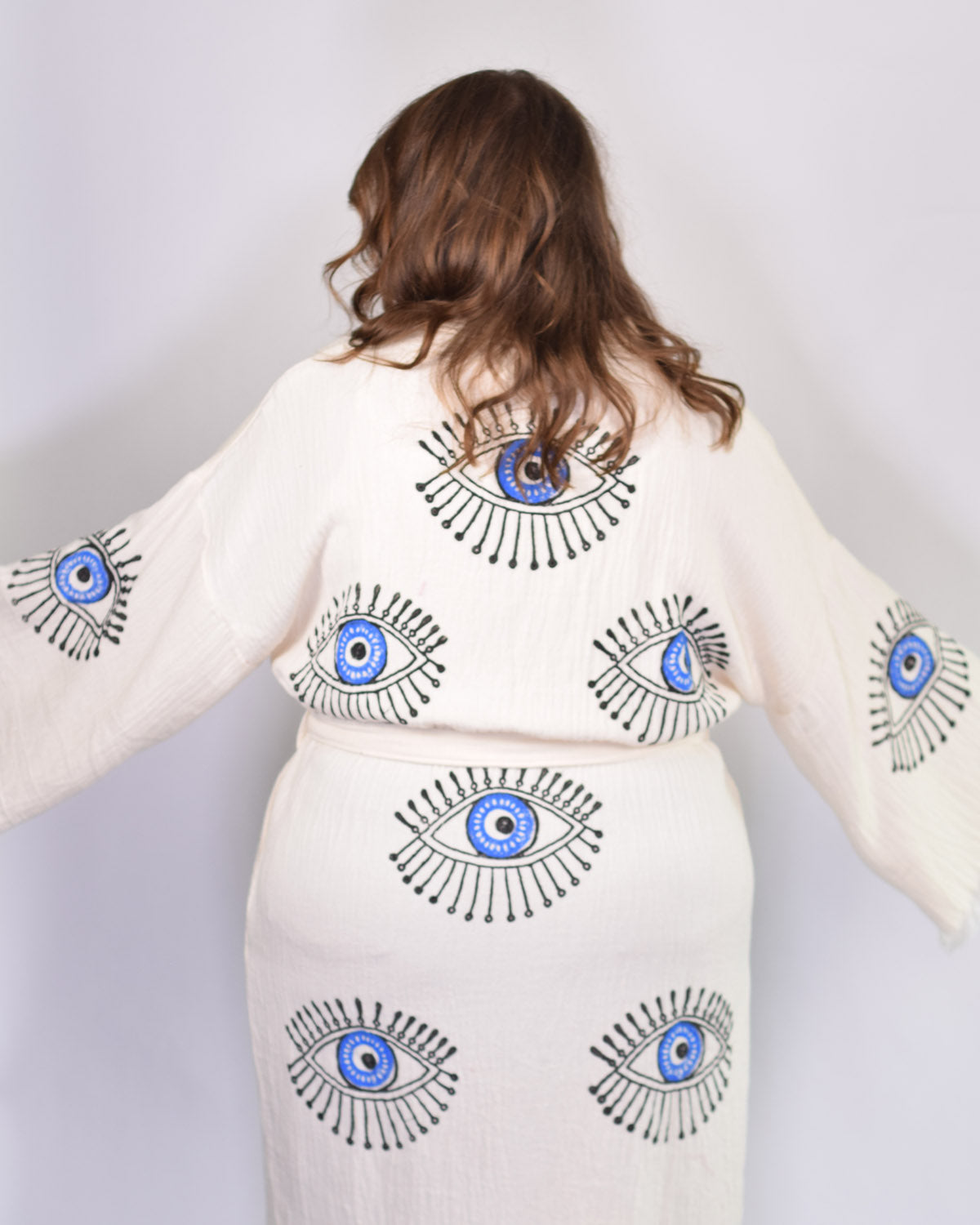Luxury Turkish Cotton Evil Eye Kimono/Robe One Size + Extended Size - Blue Eye
