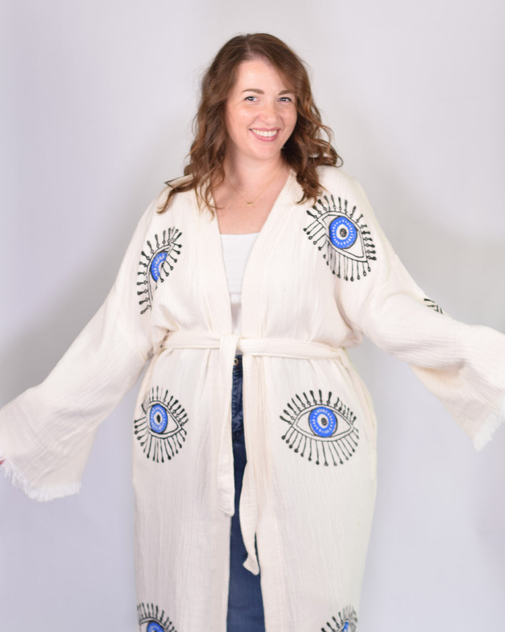 Luxury Turkish Cotton Evil Eye Kimono/Robe One Size + Extended Size - Blue Eye