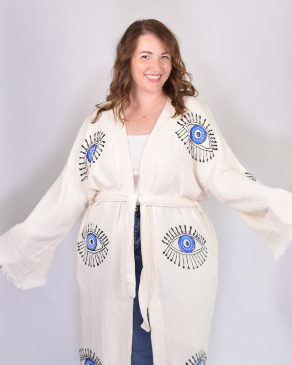 Luxury Turkish Cotton Evil Eye Kimono/Robe One Size + Extended Size - Blue Eye