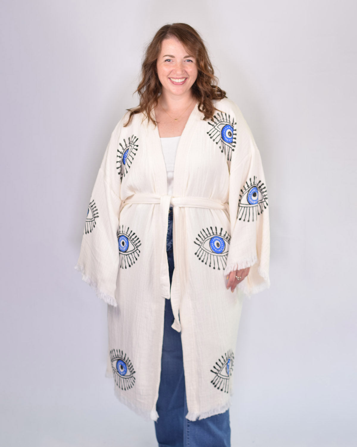 Luxury Turkish Cotton Evil Eye Kimono/Robe One Size + Extended Size - Blue Eye