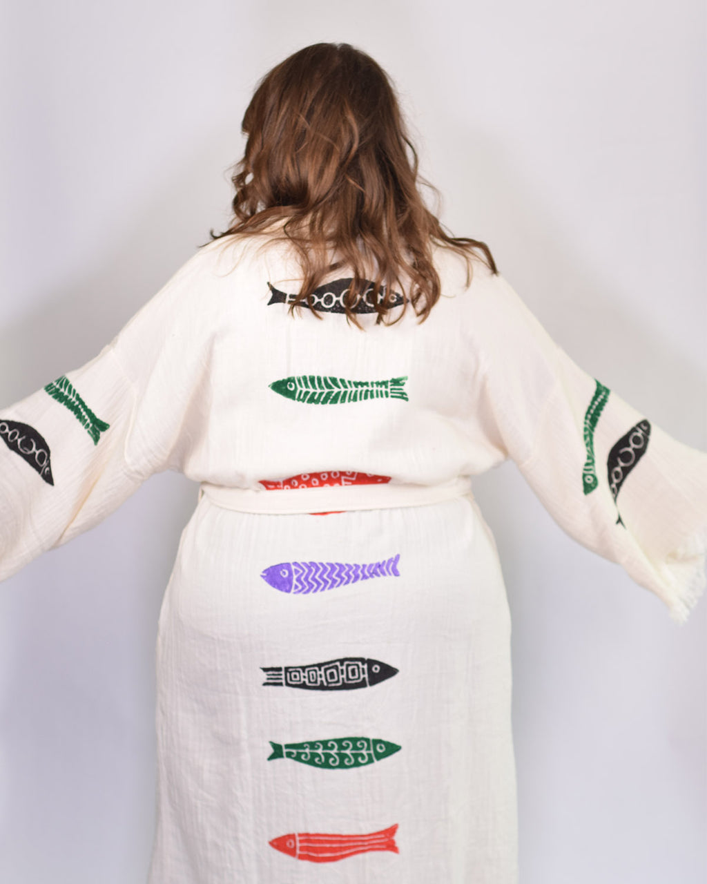 Luxury Turkish Cotton Kimono/Robe One Size + Extended Size- Fish Party