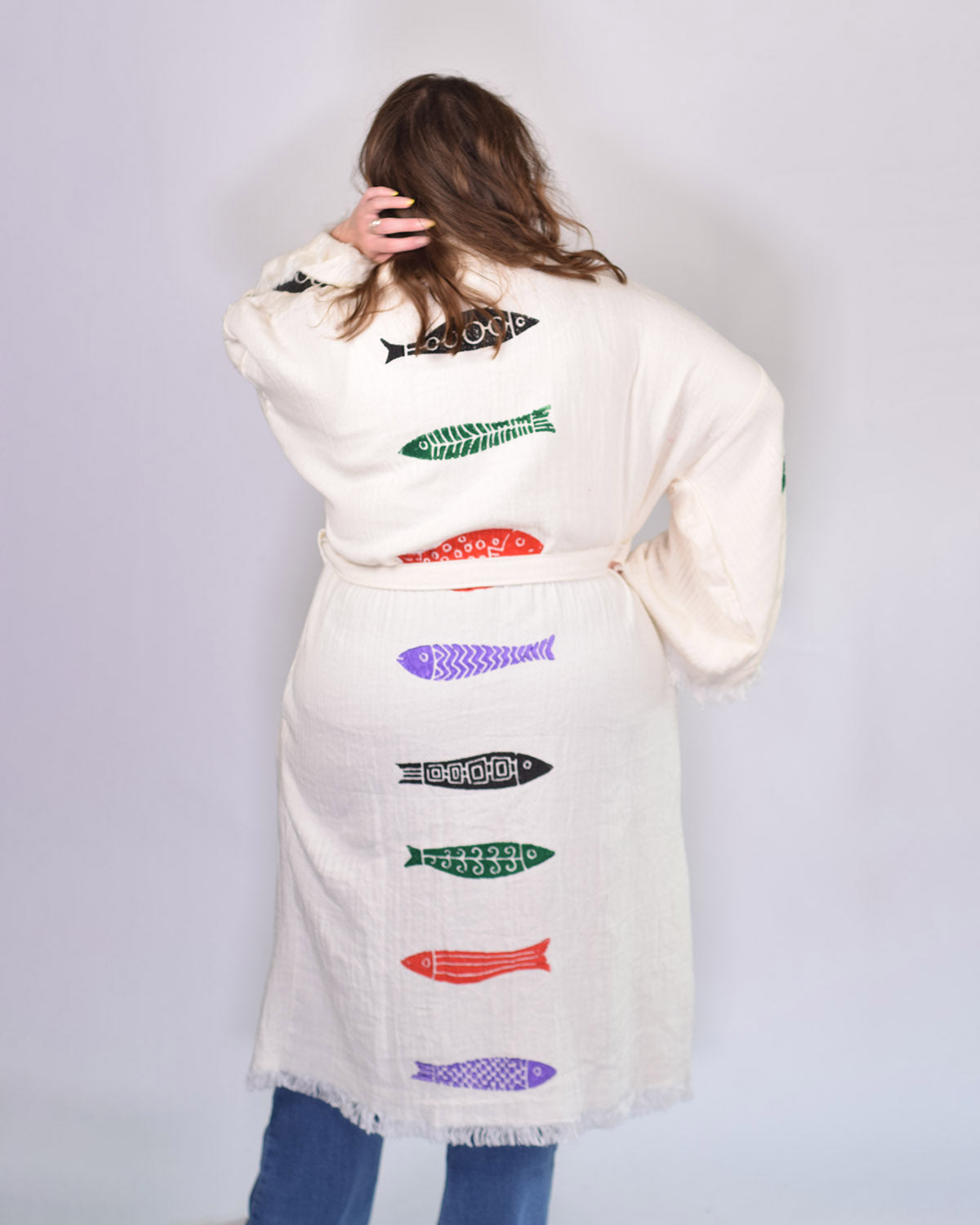Luxury Turkish Cotton Kimono/Robe One Size + Extended Size- Fish Party