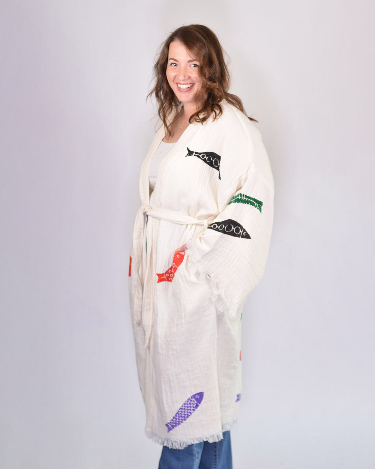Luxury Turkish Cotton Kimono/Robe One Size + Extended Size- Fish Party