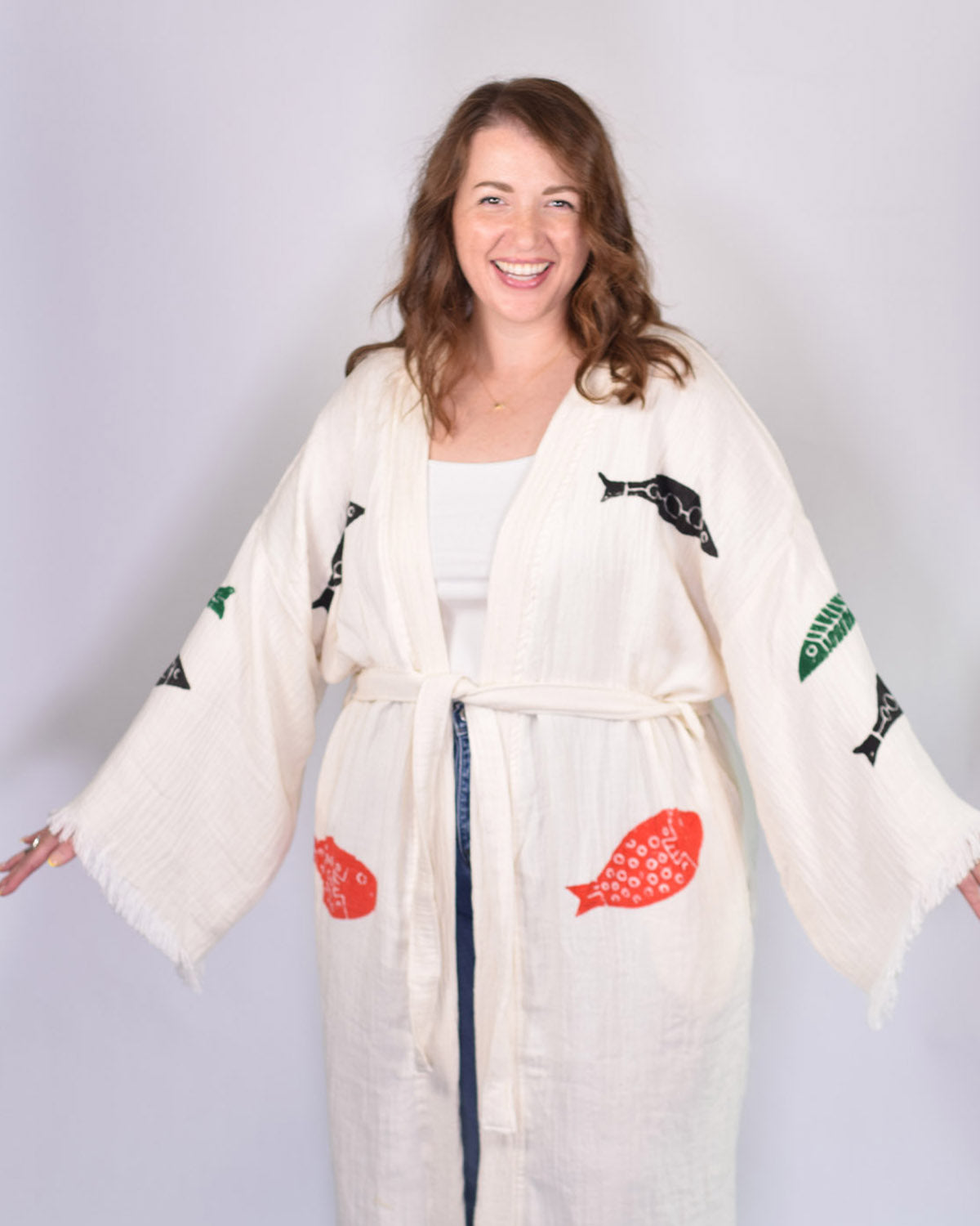 Luxury Turkish Cotton Kimono/Robe One Size + Extended Size- Fish Party