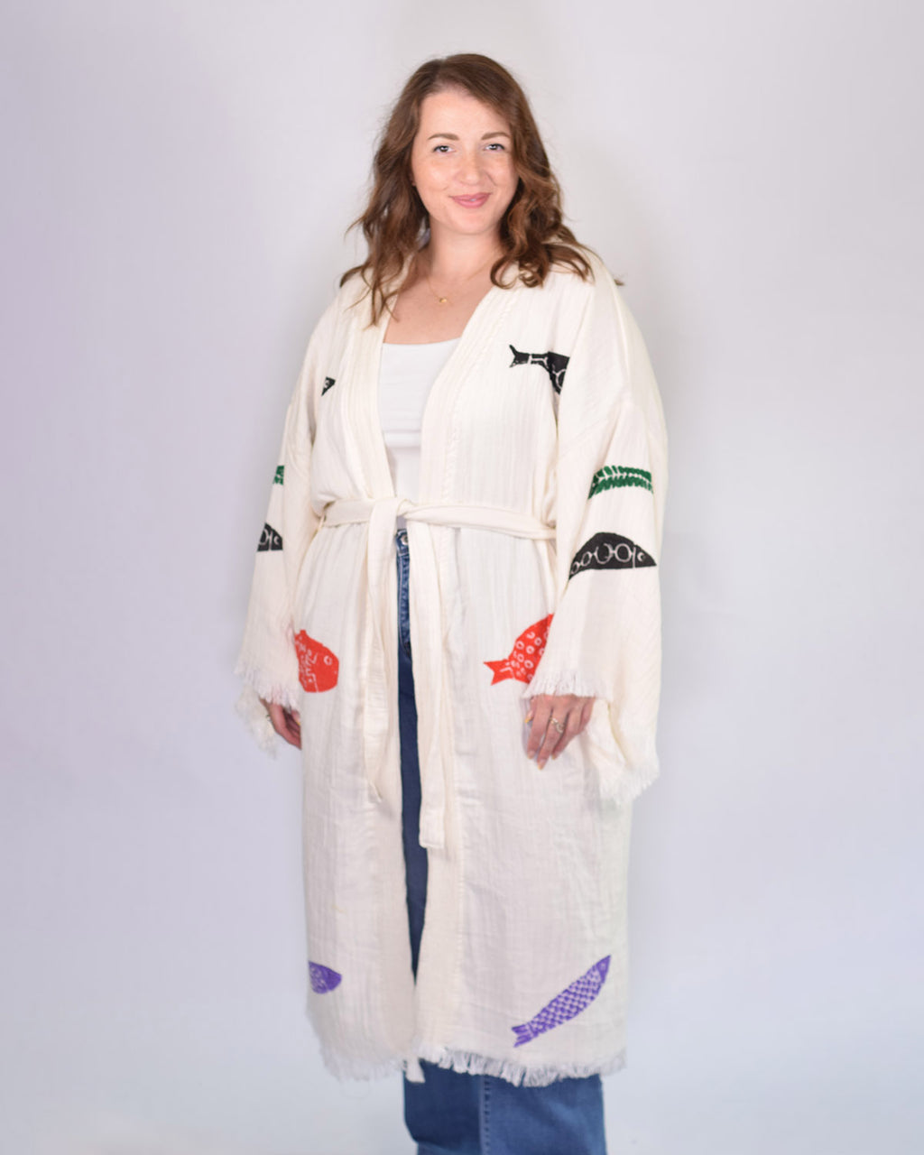 Luxury Turkish Cotton Kimono/Robe One Size + Extended Size- Fish Party