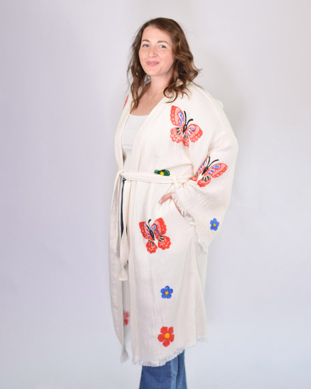 Luxury Turkish Cotton Kimono/Robe One Size + Extended Size - Butterfly Garden