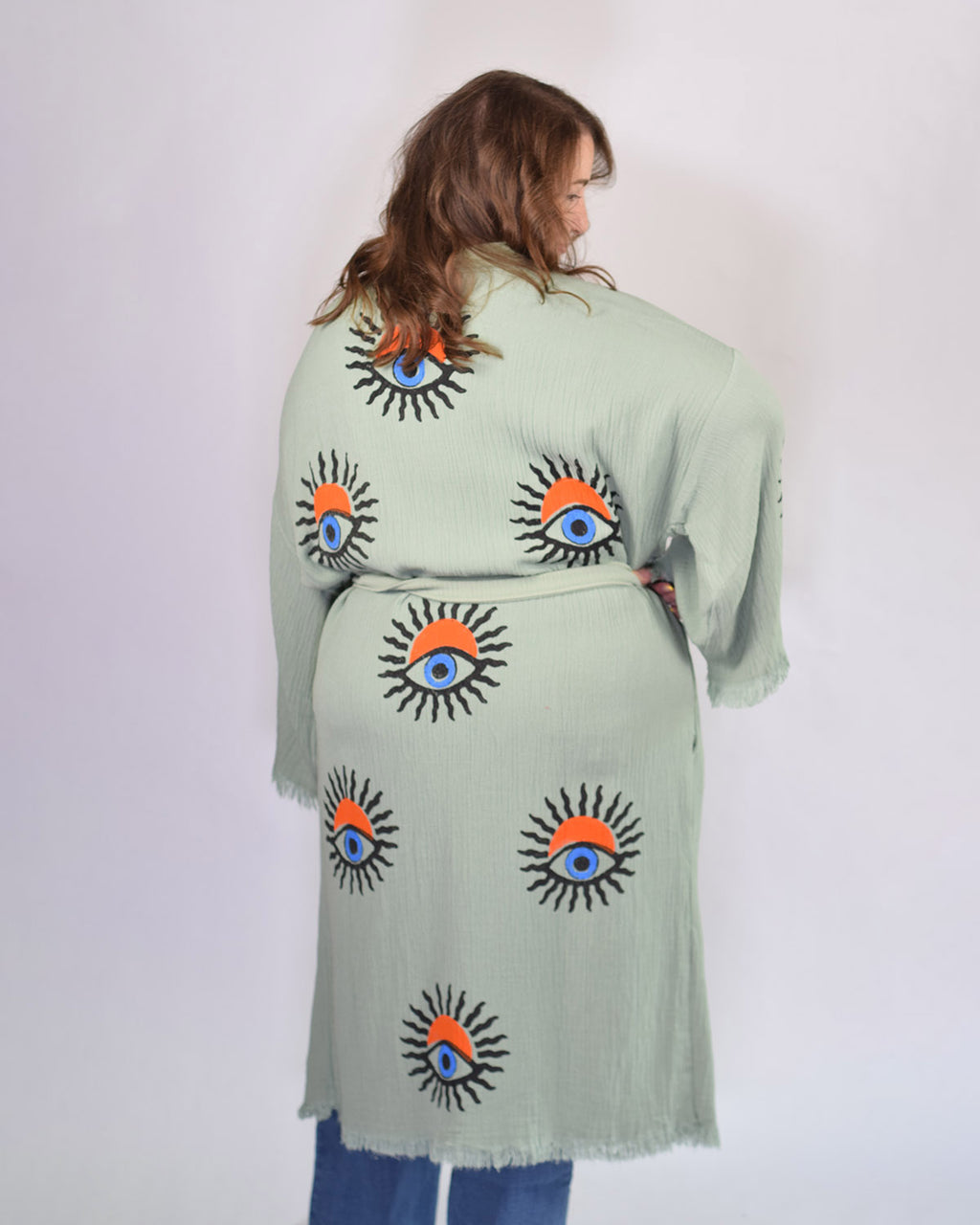 Luxury Turkish Cotton Kimono/Robe - Extended Size Fit - Sage Sunrise