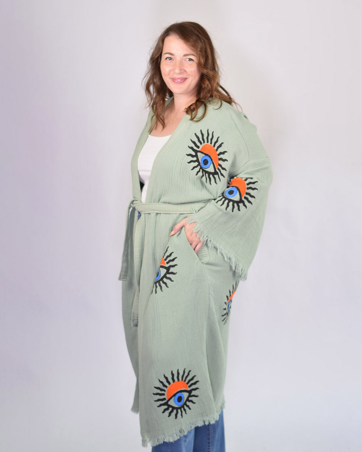 Luxury Turkish Cotton Kimono/Robe - Extended Size Fit - Sage Sunrise