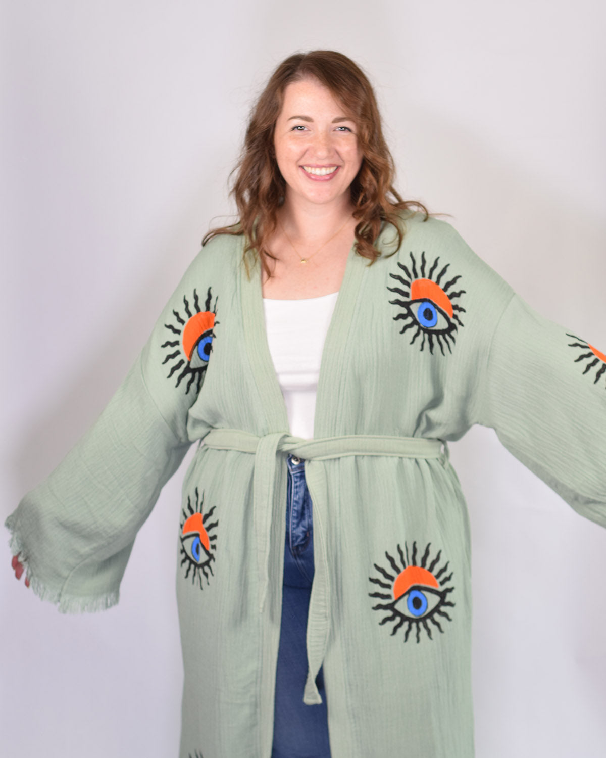Luxury Turkish Cotton Kimono/Robe - Extended Size Fit - Sage Sunrise