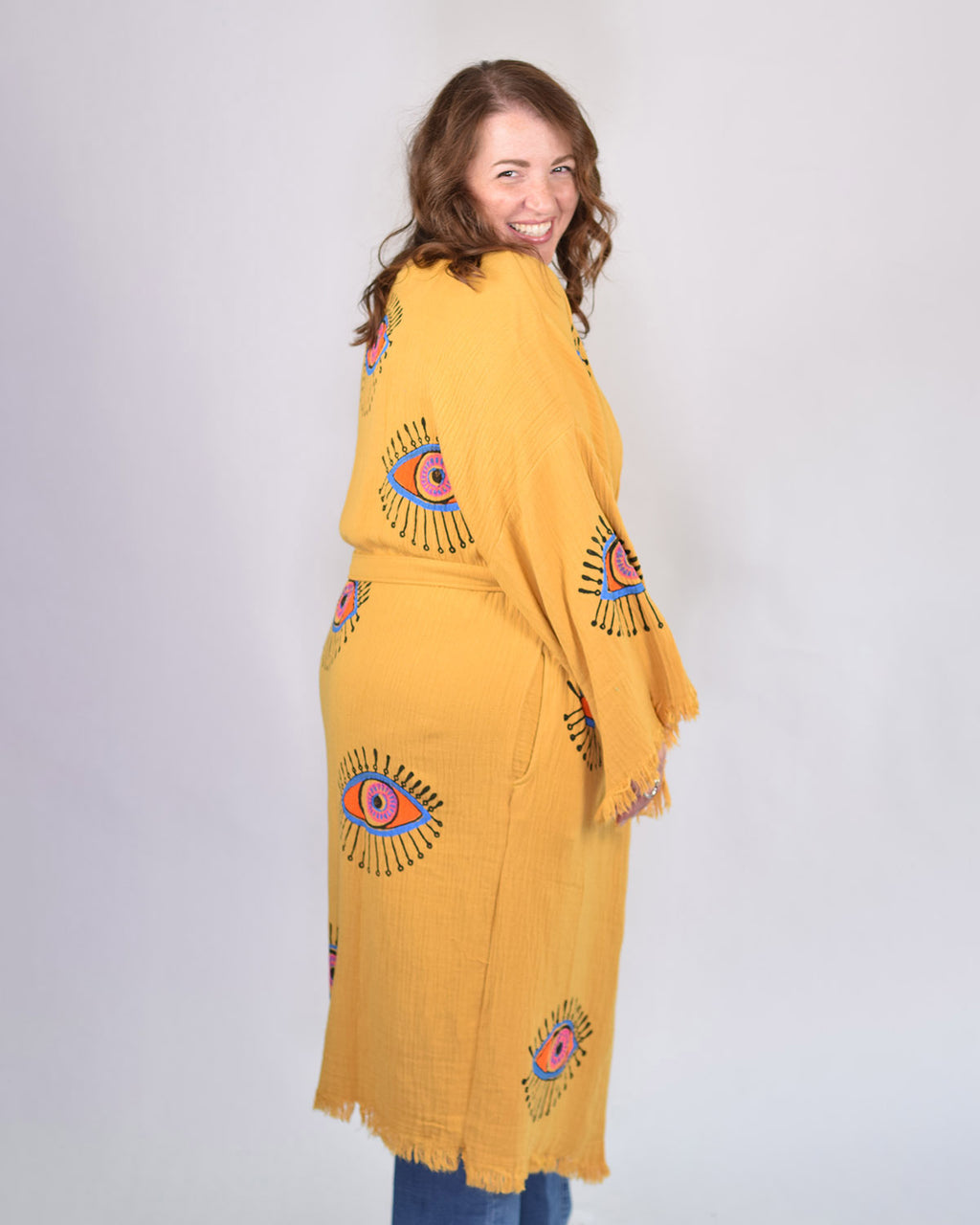 Luxury Turkish Cotton Evil Eye Kimono/Robe One Size + Extended Size - Yellow Ochre