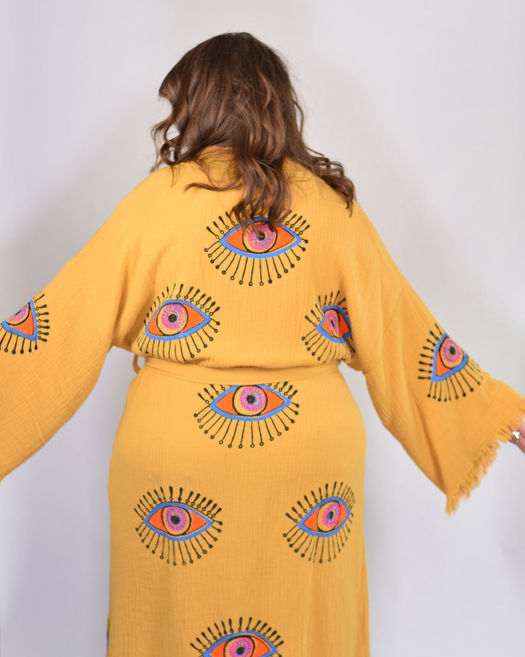 Luxury Turkish Cotton Evil Eye Kimono/Robe One Size + Extended Size - Yellow Ochre